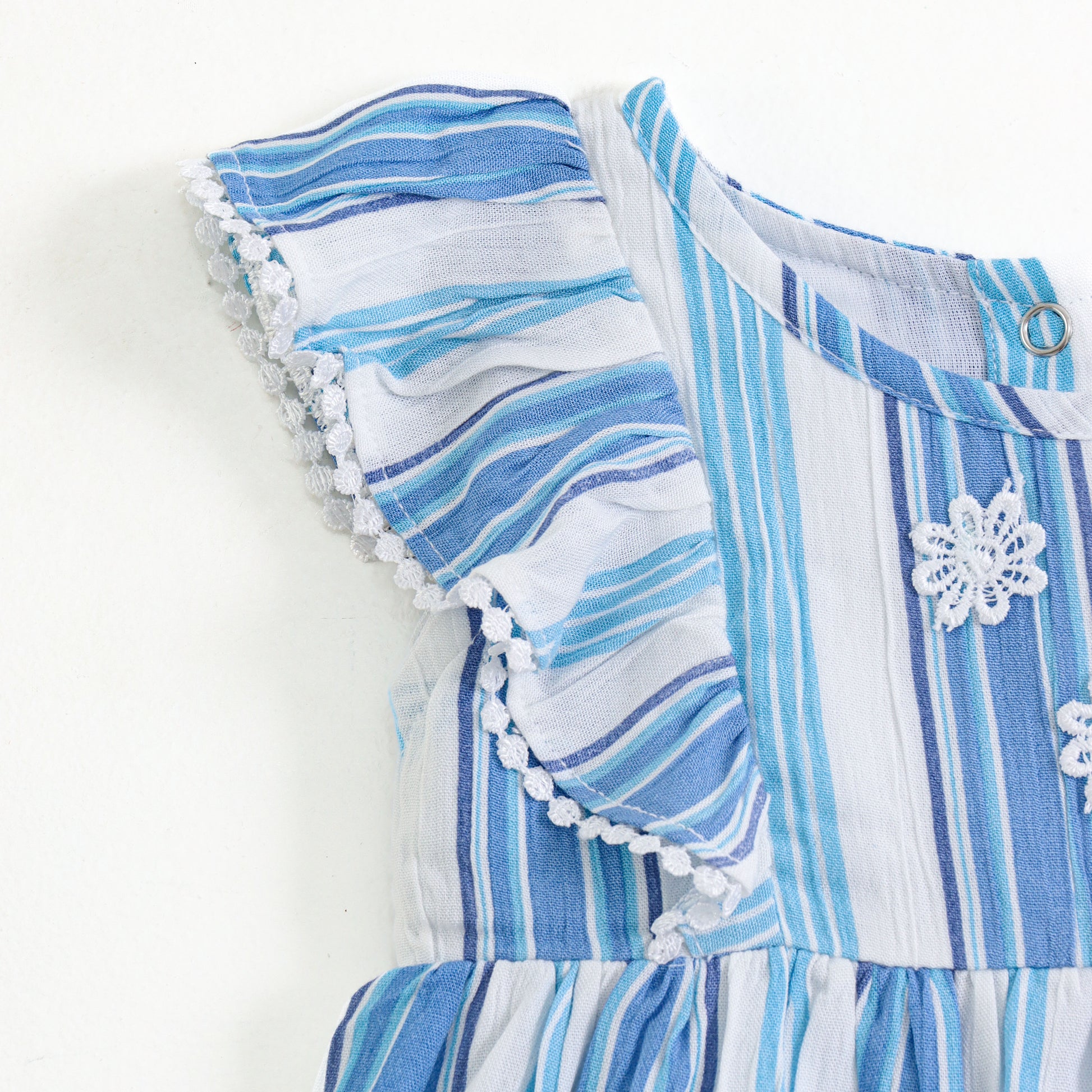 Infant Girls Blue & White Striped Cotton Dress with Frill Sleeves & Floral Lace Appliqué