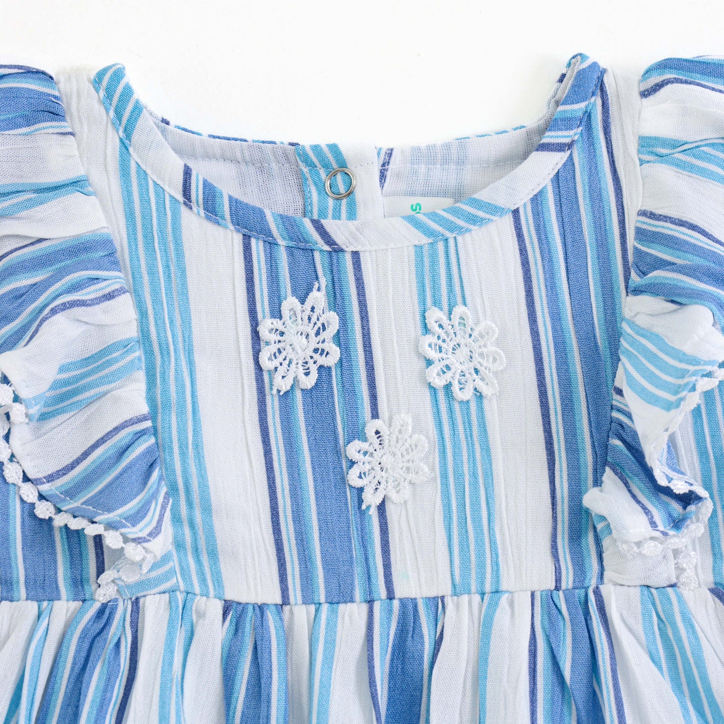 Infant Girls Blue & White Striped Cotton Dress with Frill Sleeves & Floral Lace Appliqué