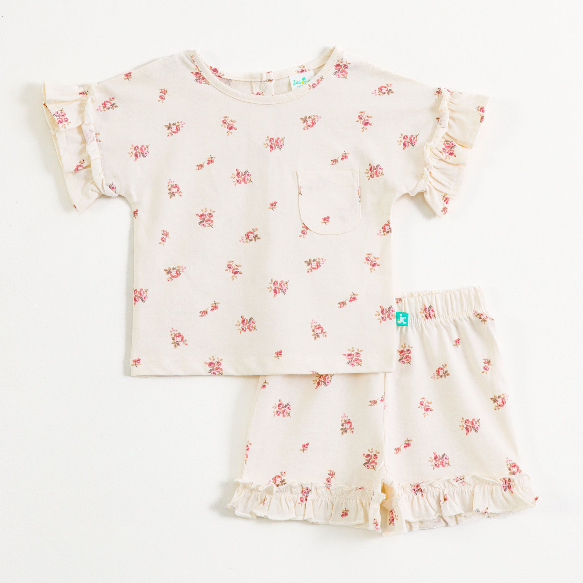 Baby Girls Cream Floral Printed Cotton Co-Ord Set with Ruffle Sleeves & Frill Shorts | Summer Outfit