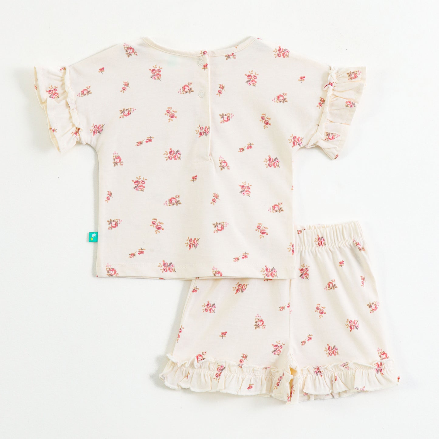 Baby Girls Cream Floral Printed Cotton Co-Ord Set with Ruffle Sleeves & Frill Shorts | Summer Outfit