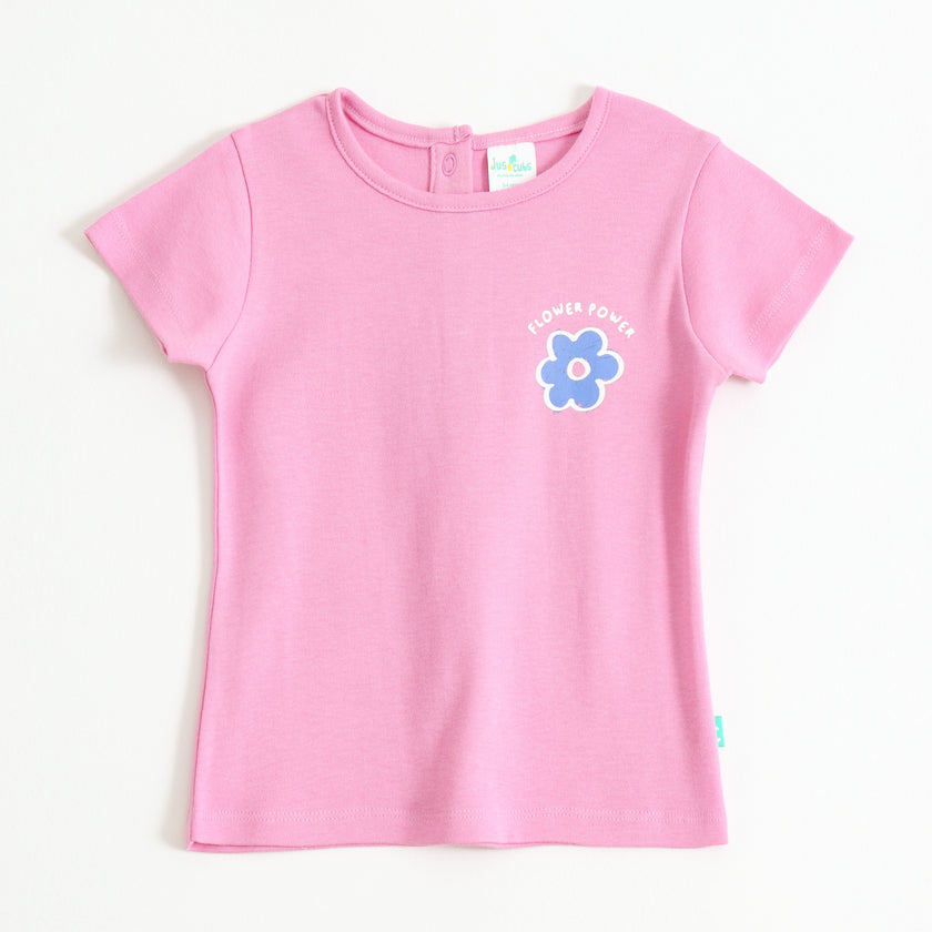 Baby Girls Pink Flower Power Graphic Printed Cotton T-Shirt