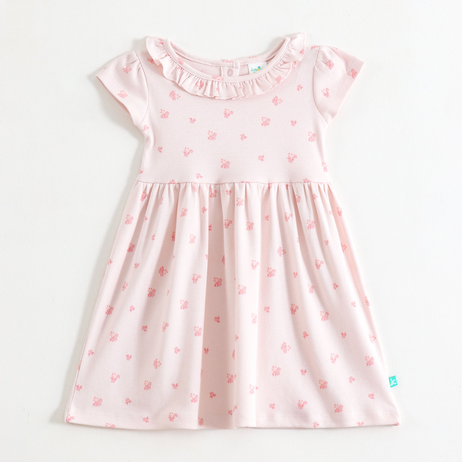JusCubs Baby Girls Light Pink Floral Print Fit & Flare Dress with Ruffle Neck