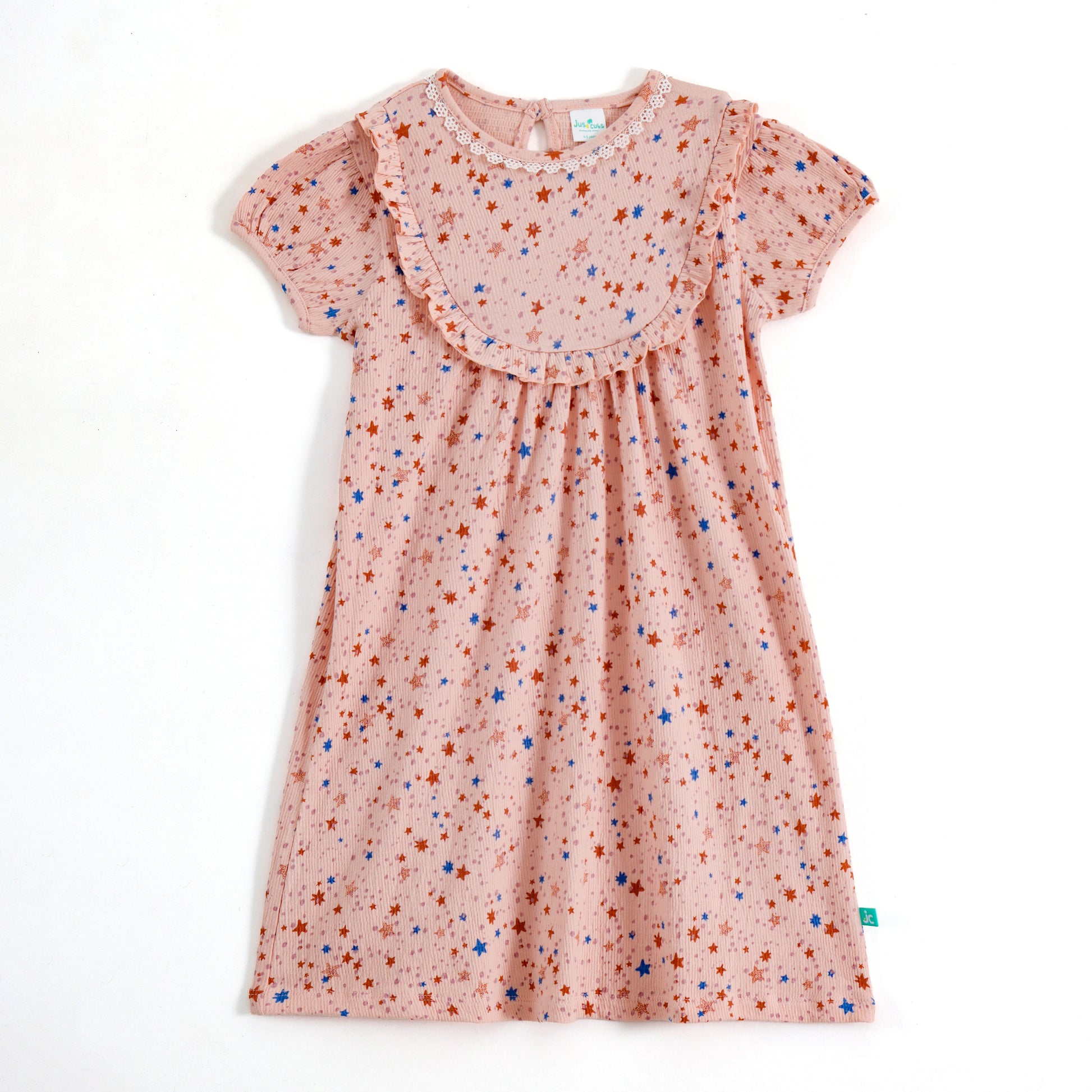 Girls Peach Star Print Ribbed Knit Dress with Ruffle Yoke