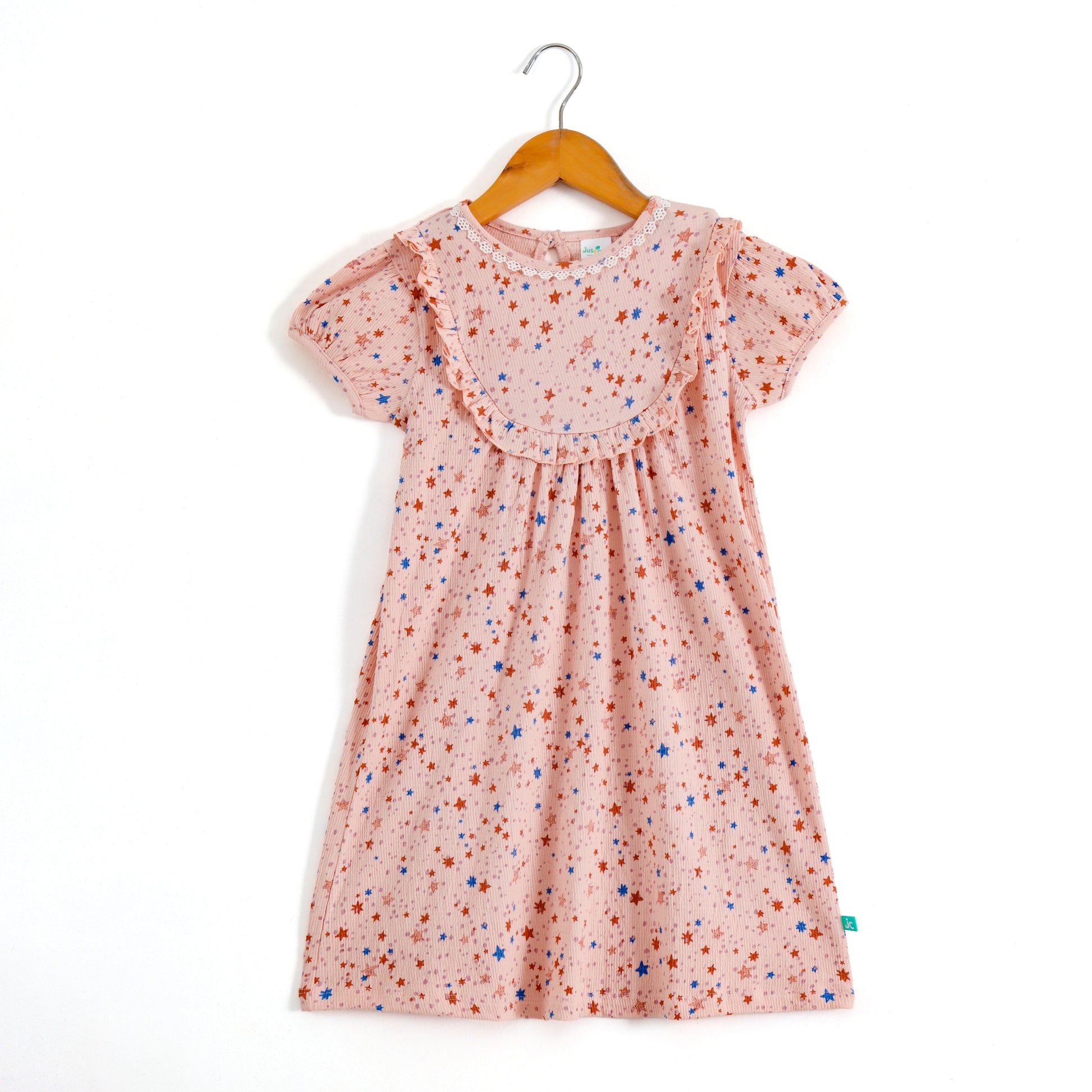 Girls Peach Star Print Ribbed Knit Dress with Ruffle Yoke