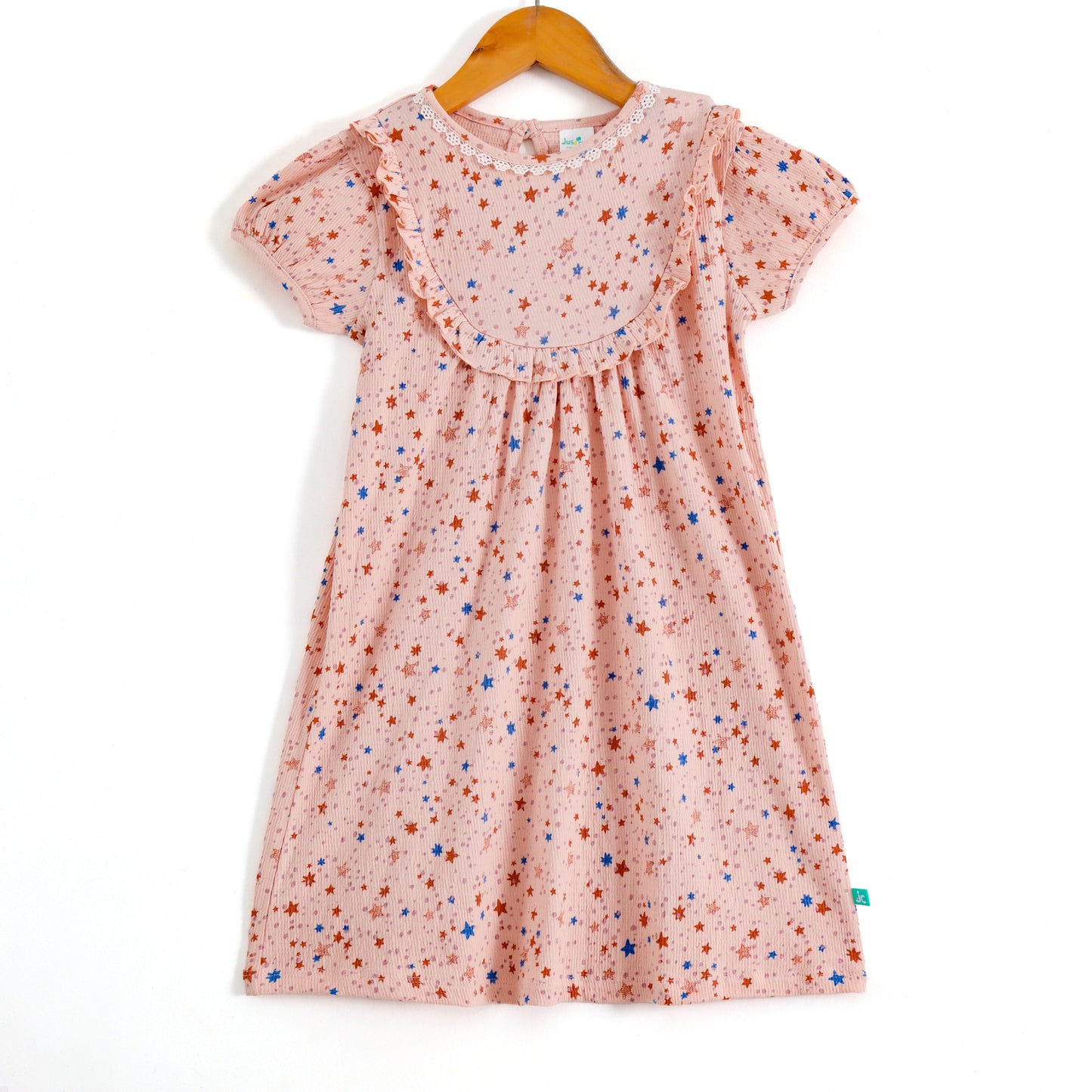 Girls Peach Star Print Ribbed Knit Dress with Ruffle Yoke