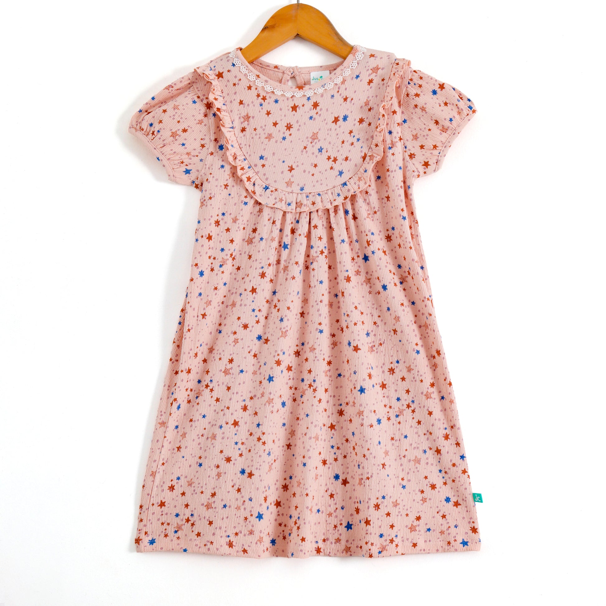 Girls Peach Star Print Ribbed Knit Dress with Ruffle Yoke