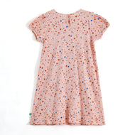 Girls Peach Star Print Ribbed Knit Dress with Ruffle Yoke