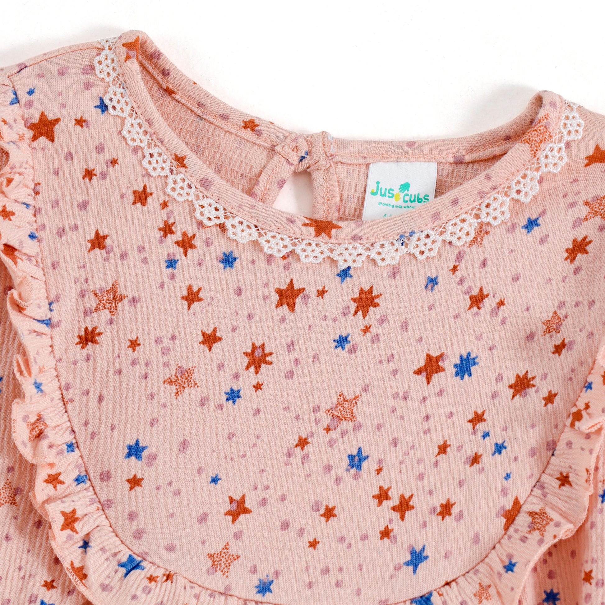Girls Peach Star Print Ribbed Knit Dress with Ruffle Yoke