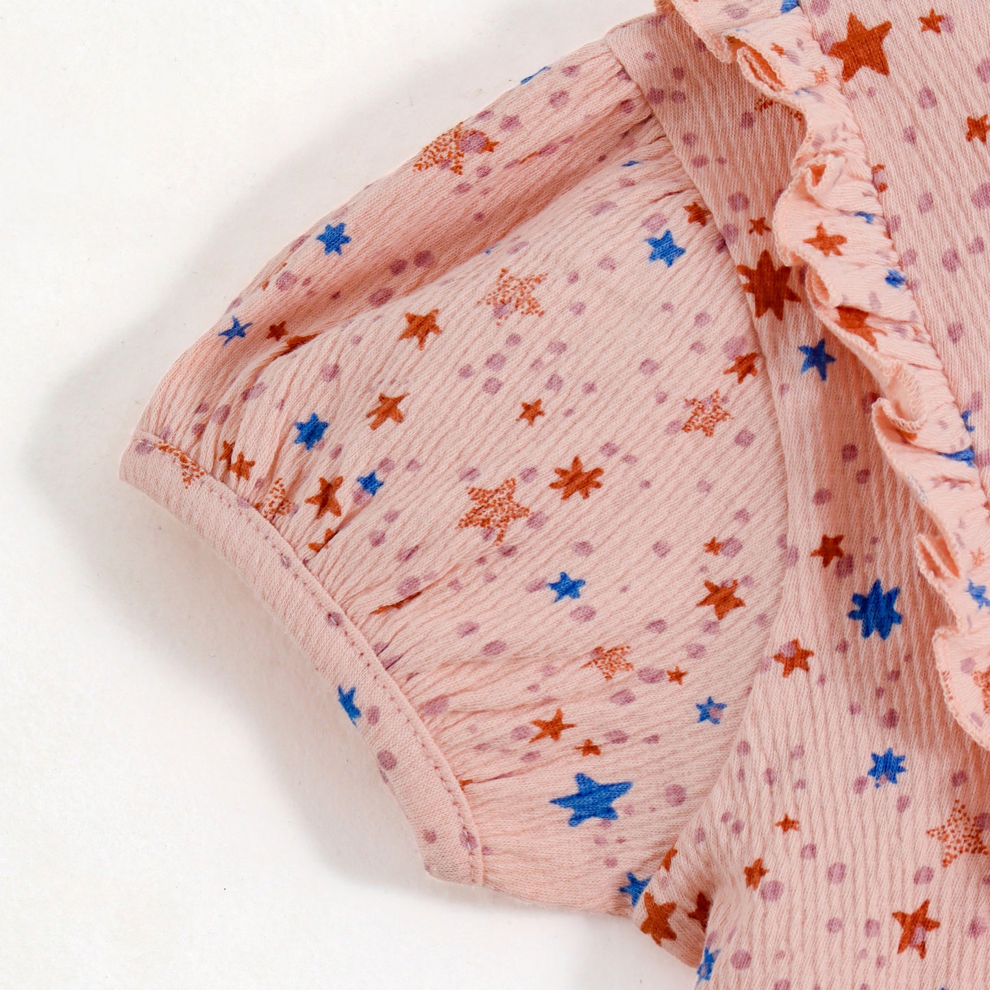 Girls Peach Star Print Ribbed Knit Dress with Ruffle Yoke