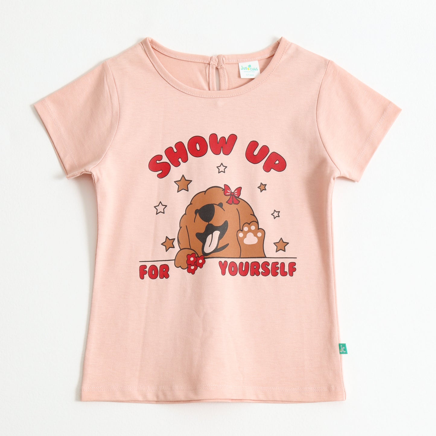 Baby Girls Peach Puppy Graphic Printed Cotton T-Shirt