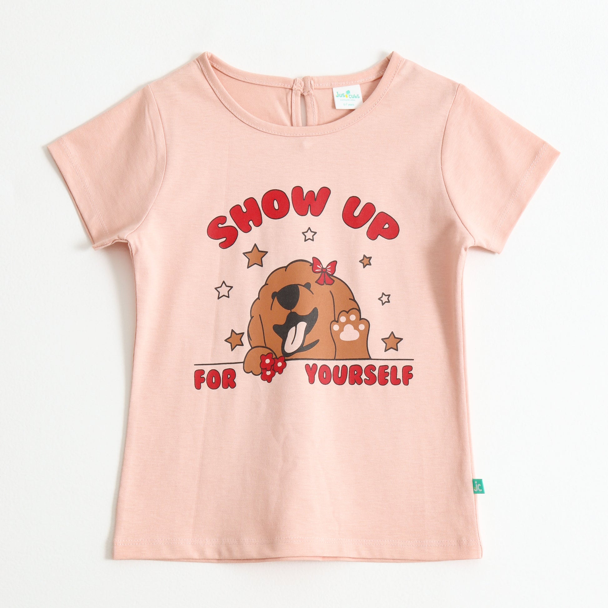 Baby Girls Peach Puppy Graphic Printed Cotton T-Shirt