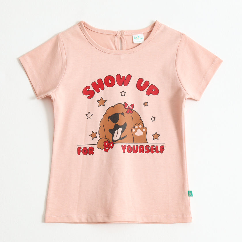 Baby Girls Peach Puppy Graphic Printed Cotton T-Shirt
