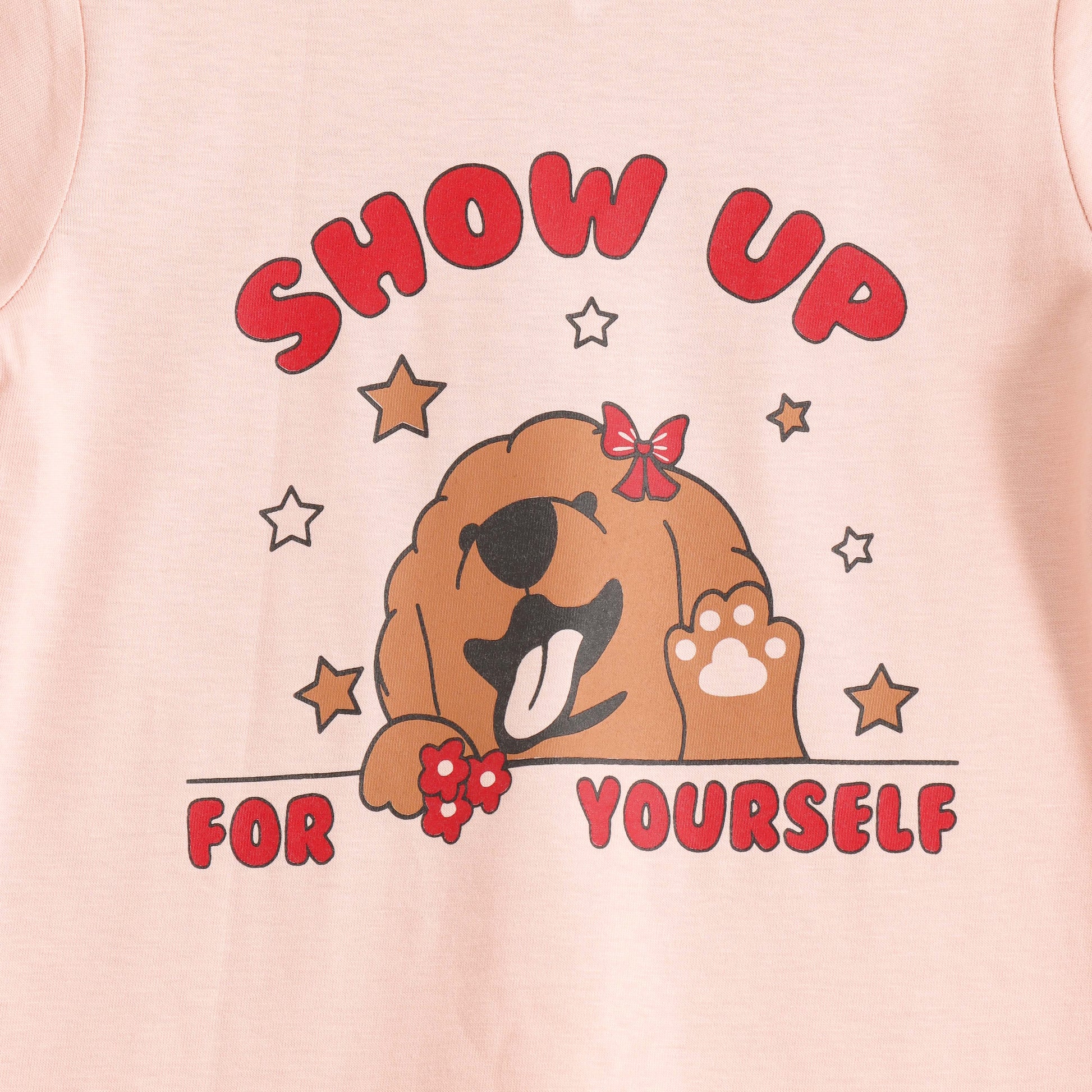Baby Girls Peach Puppy Graphic Printed Cotton T-Shirt