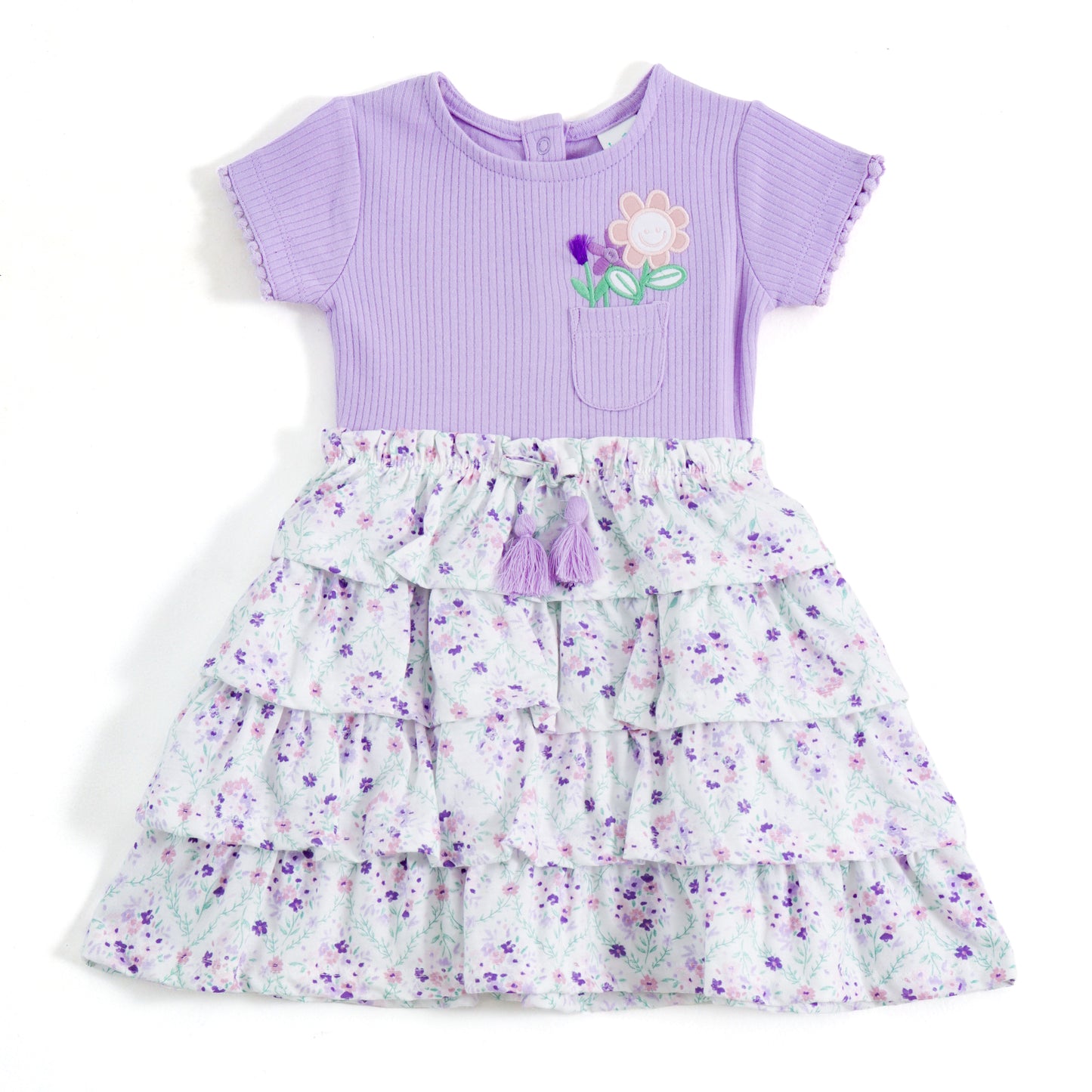 Girls Lavender Floral Layered Dress with Embroidered Pocket