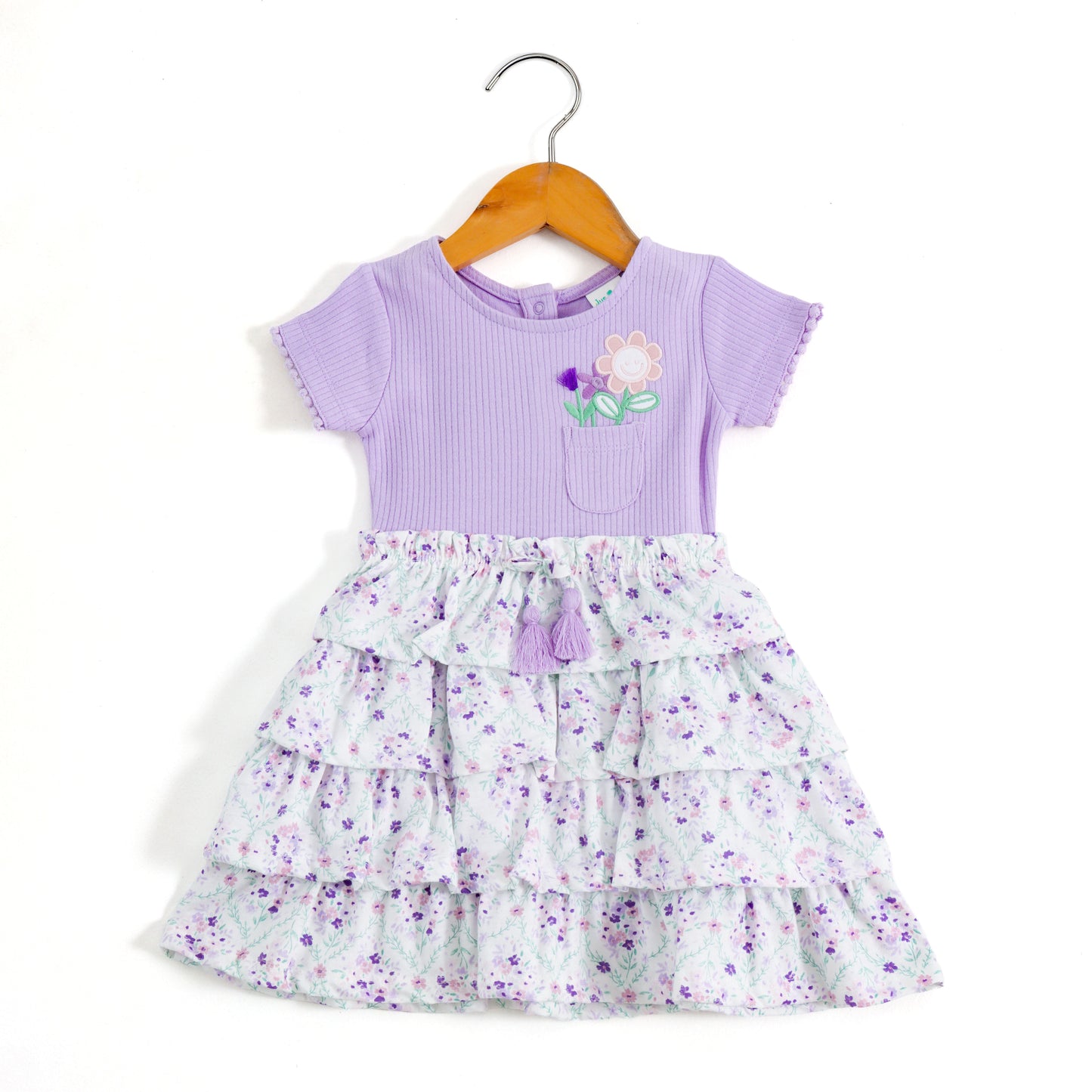 Girls Lavender Floral Layered Dress with Embroidered Pocket