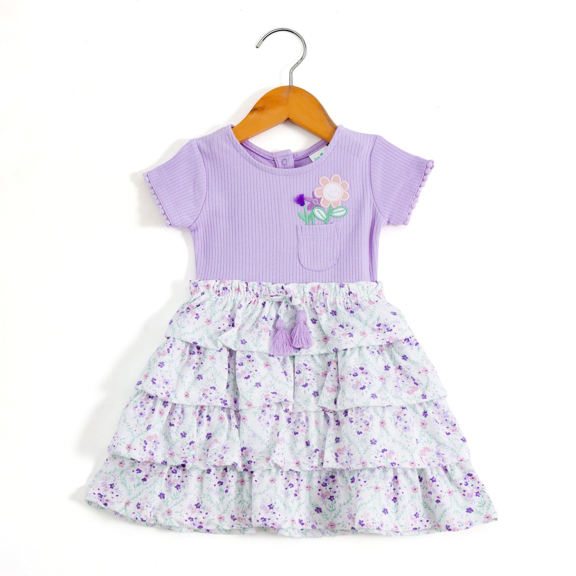 Girls Lavender Floral Layered Dress with Embroidered Pocket