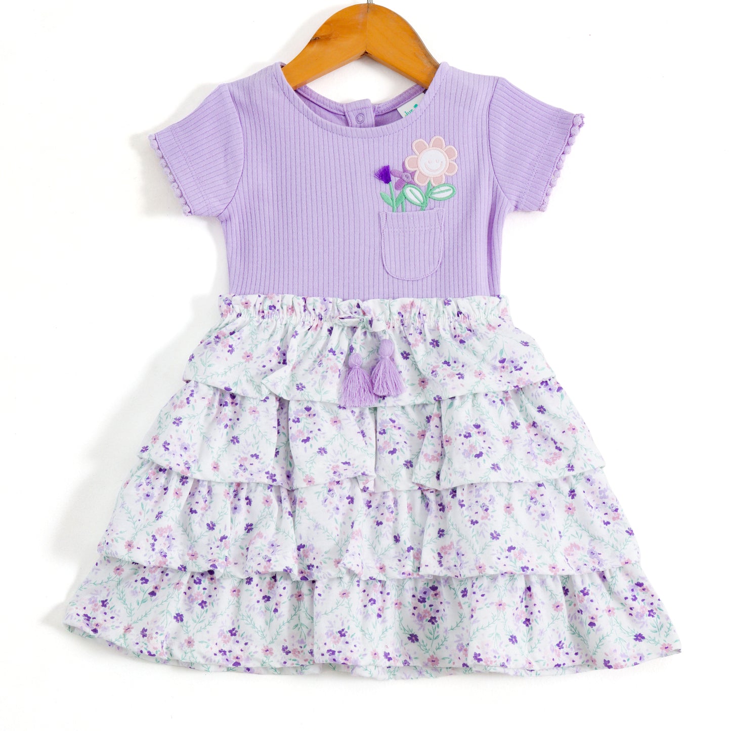 Girls Lavender Floral Layered Dress with Embroidered Pocket