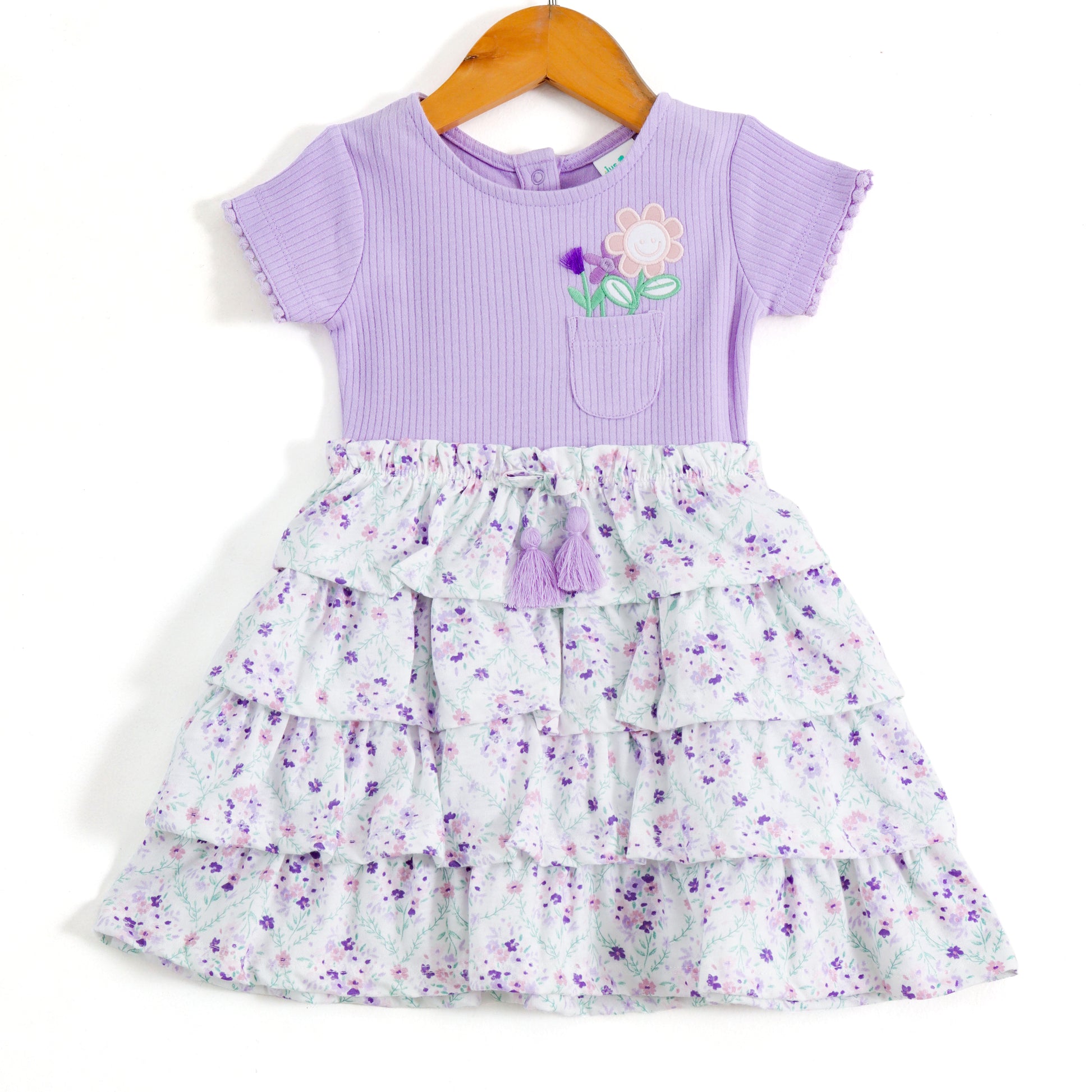 Girls Lavender Floral Layered Dress with Embroidered Pocket