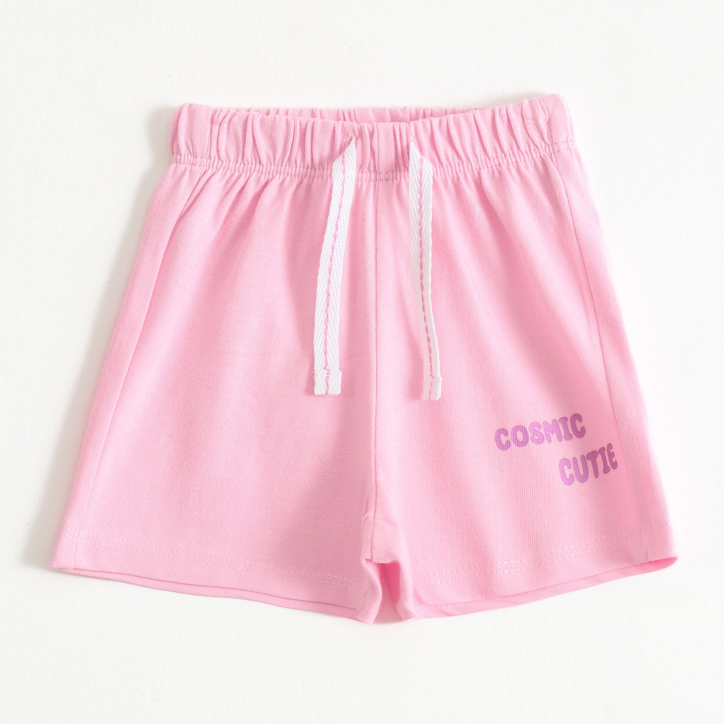 Girls Pink Cosmic Cutie Graphic Printed Cotton Knit Regular Fit Shorts