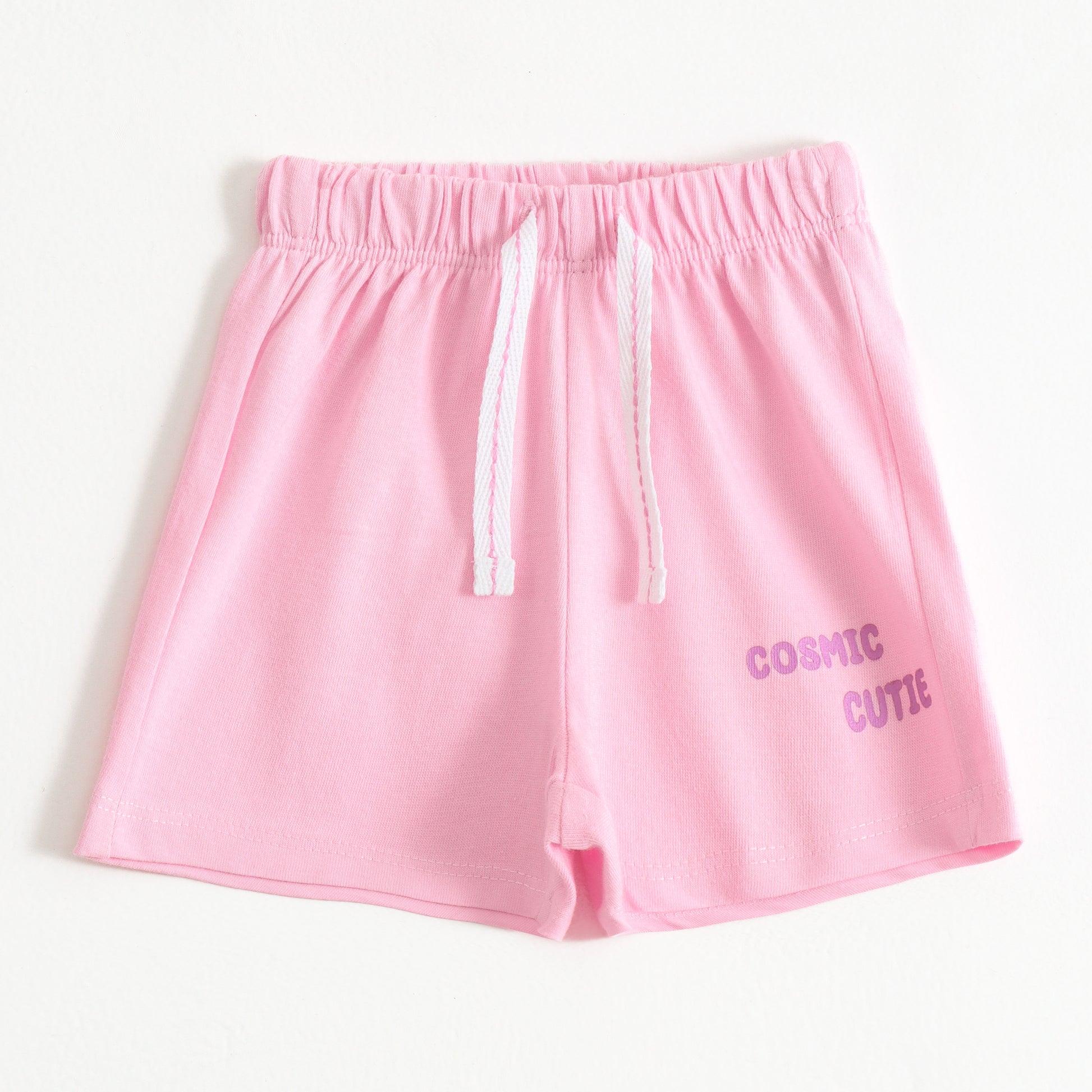 Girls Pink Cosmic Cutie Graphic Printed Cotton Knit Regular Fit Shorts