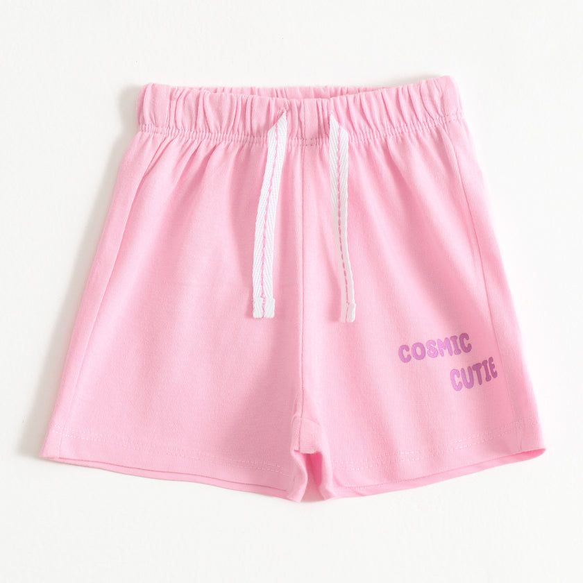 Girls Pink Cosmic Cutie Graphic Printed Cotton Knit Regular Fit Shorts
