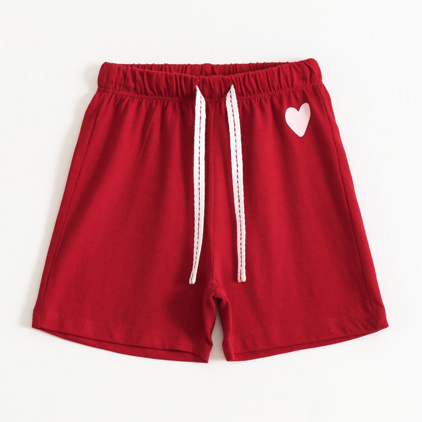 Girls Maroon Heart Graphic Printed Cotton Knit Regular Fit Shorts