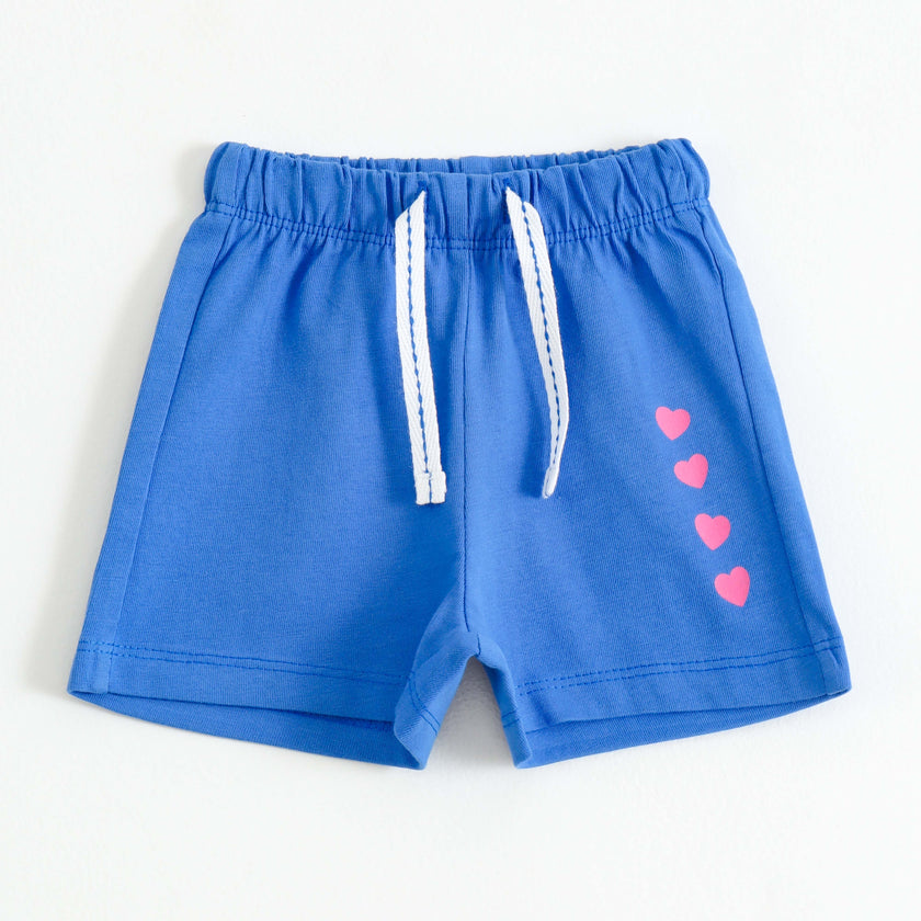 Girls Blue Heart Print Cotton Knit Shorts