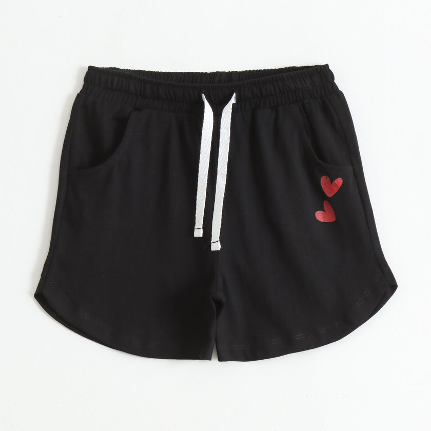 Girls Black Heart Print Cotton Knit Shorts