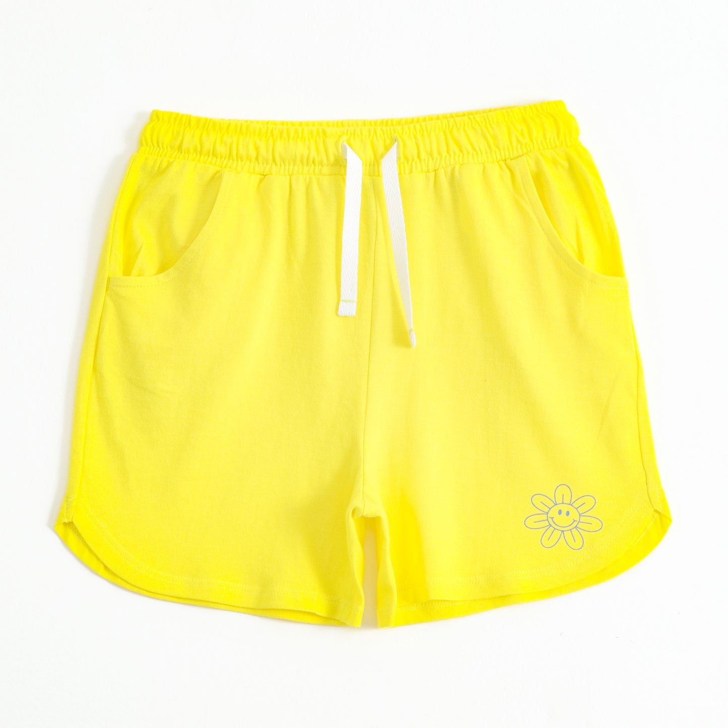 Girls Yellow Smiley Flower Print Cotton Knit Shorts