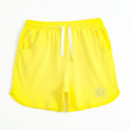 Girls Yellow Smiley Flower Print Cotton Knit Shorts