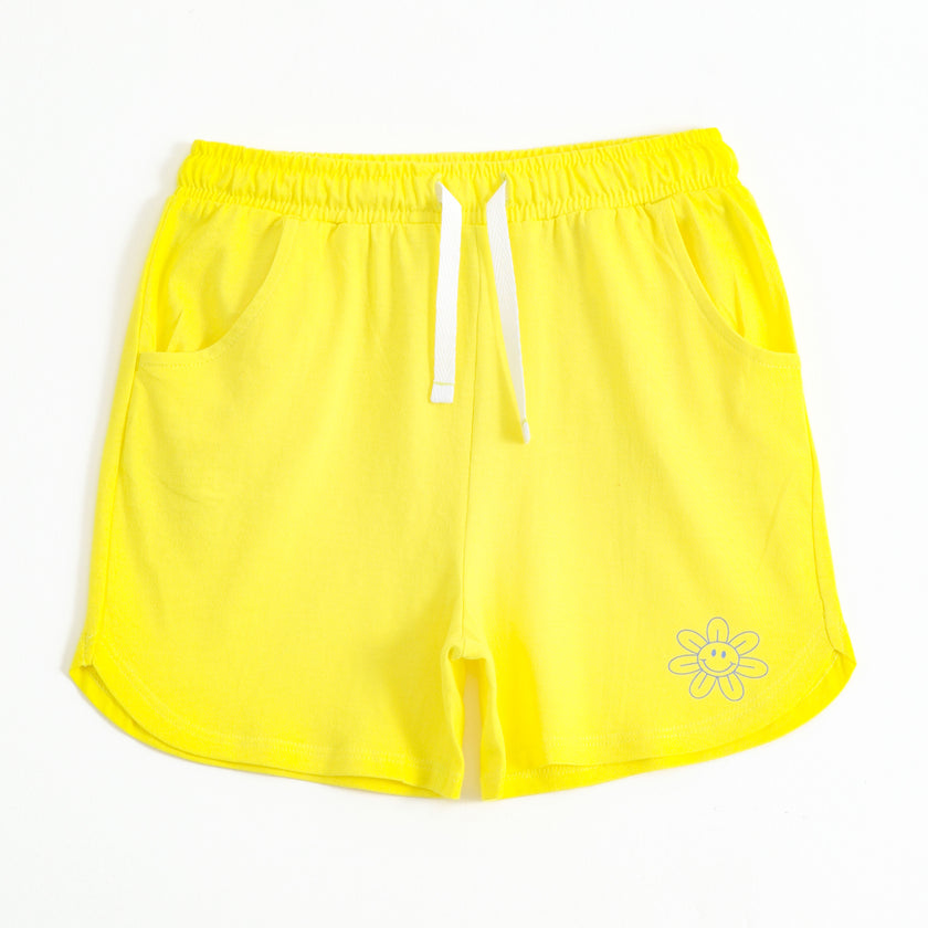 Girls Yellow Smiley Flower Print Cotton Knit Shorts