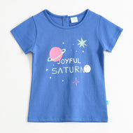 Girls Blue Joyful Saturn Graphic Printed Cotton T-Shirt