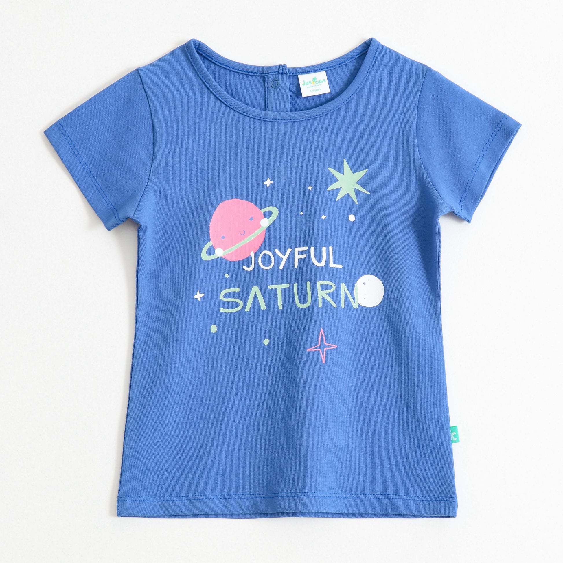 Girls Blue Joyful Saturn Graphic Printed Cotton T-Shirt
