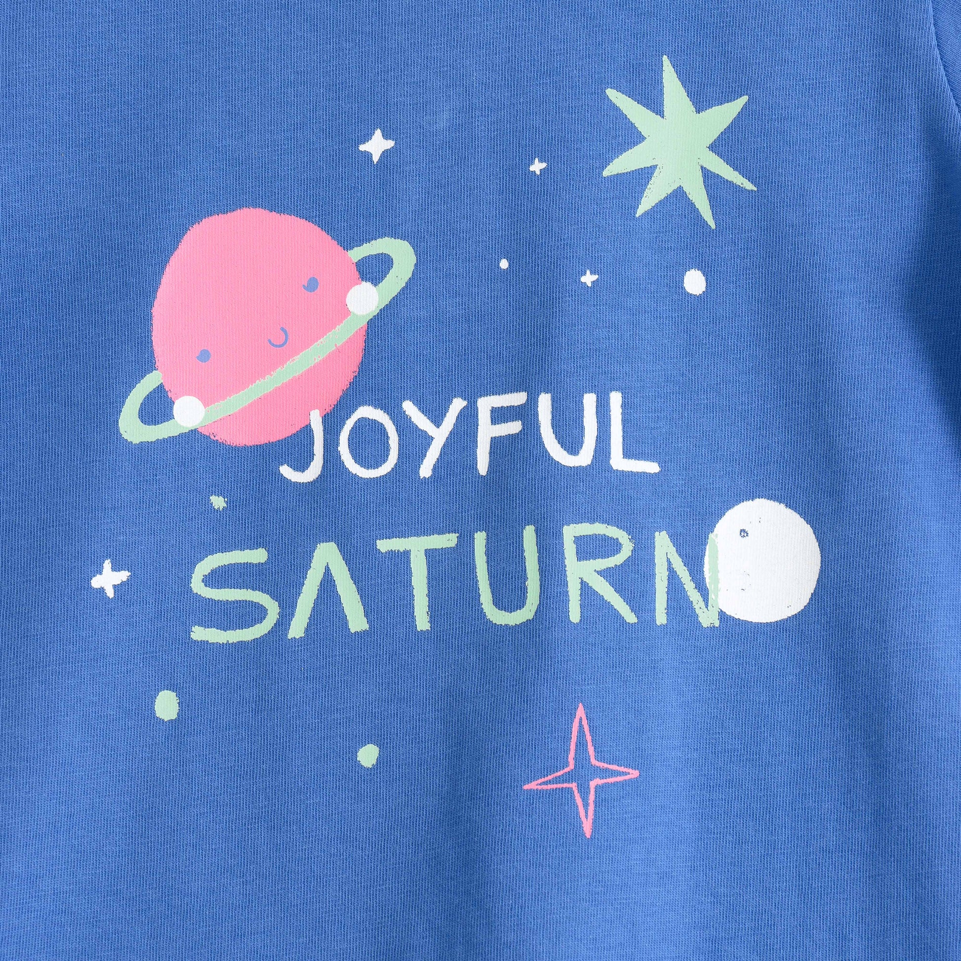 Girls Blue Joyful Saturn Graphic Printed Cotton T-Shirt