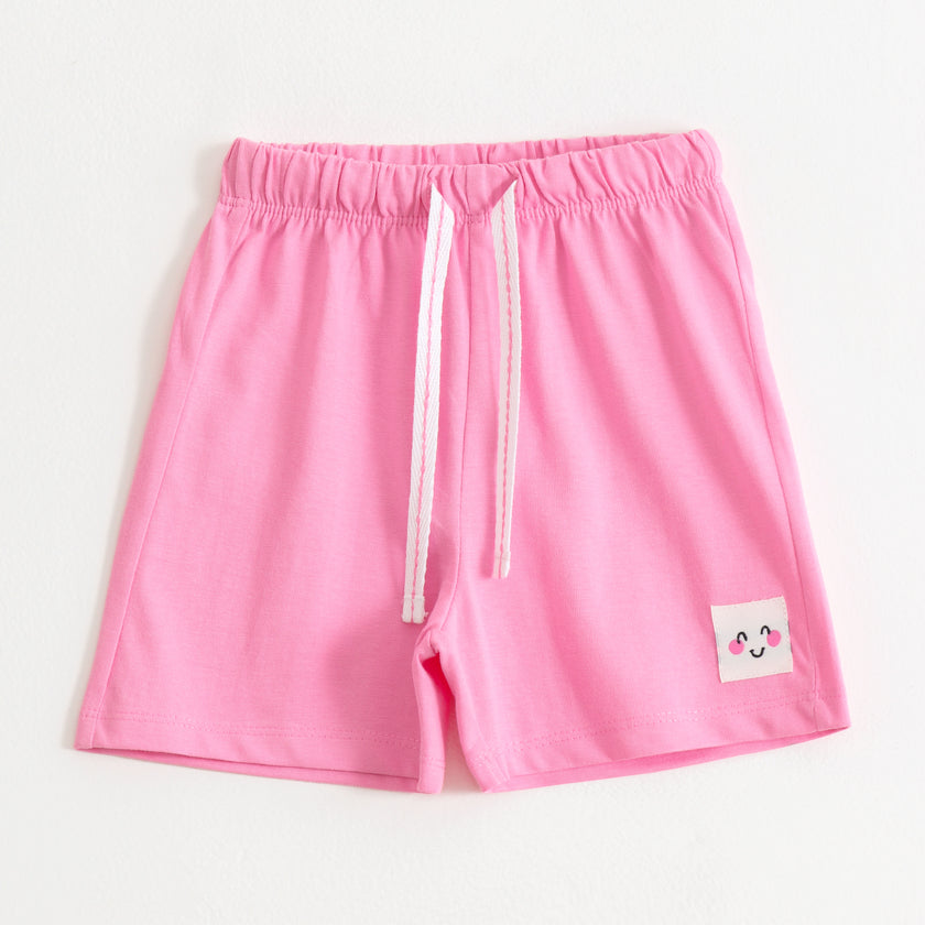Girls Pink Smiley Patch Cotton Knit Shorts