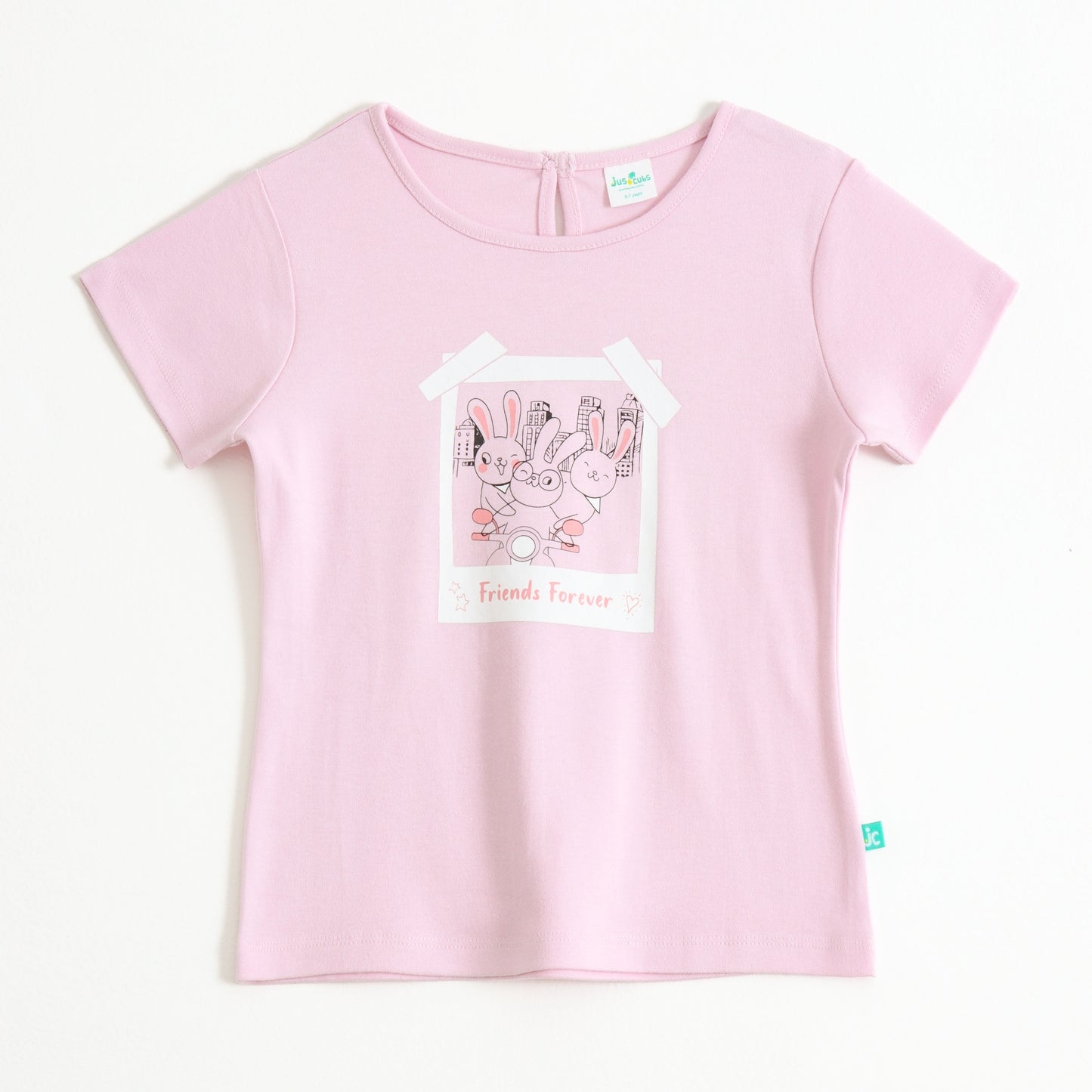 Girls Pink Friends Forever Bunny Graphic Printed Cotton T-Shirt