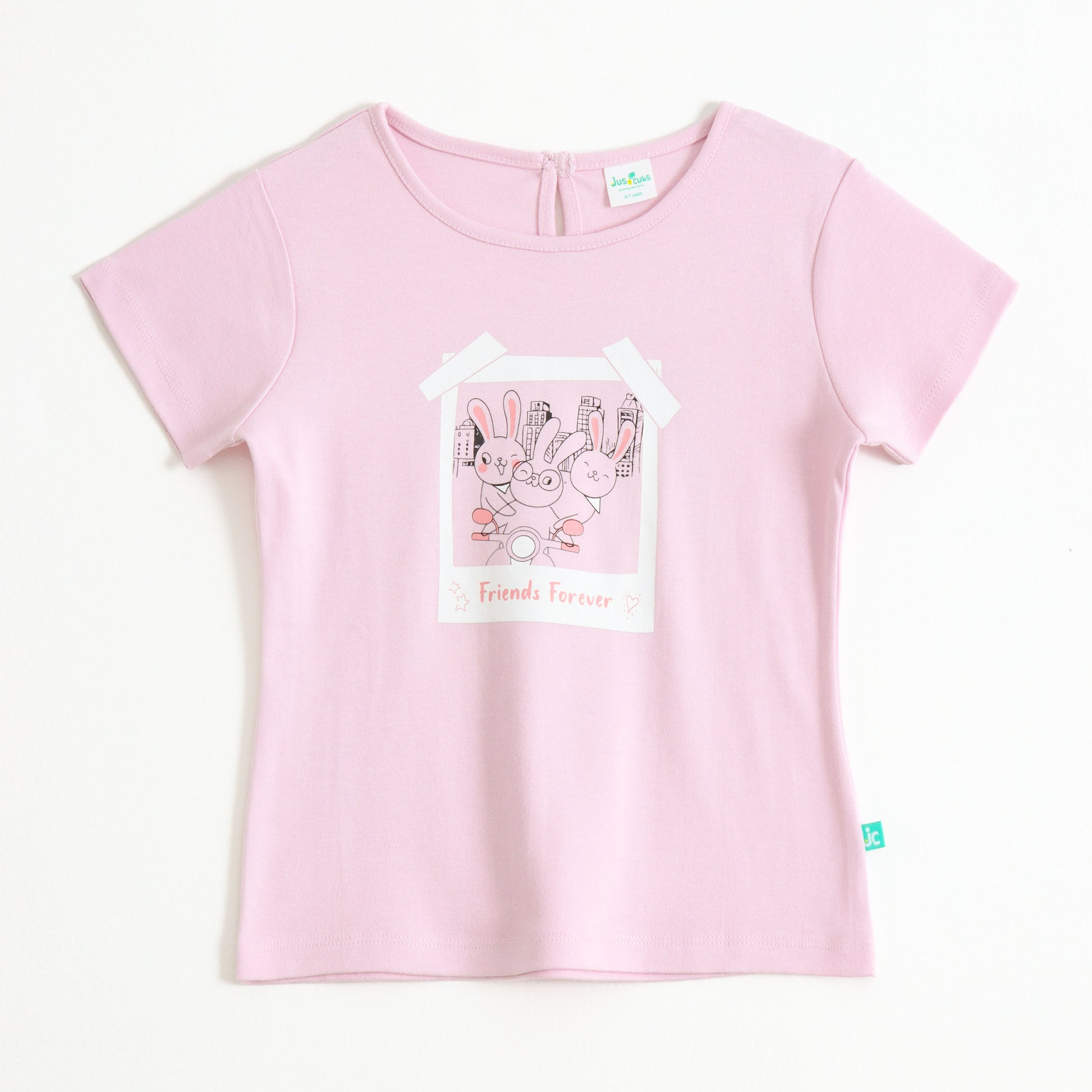 Girls Pink Friends Forever Bunny Graphic Printed Cotton T-Shirt