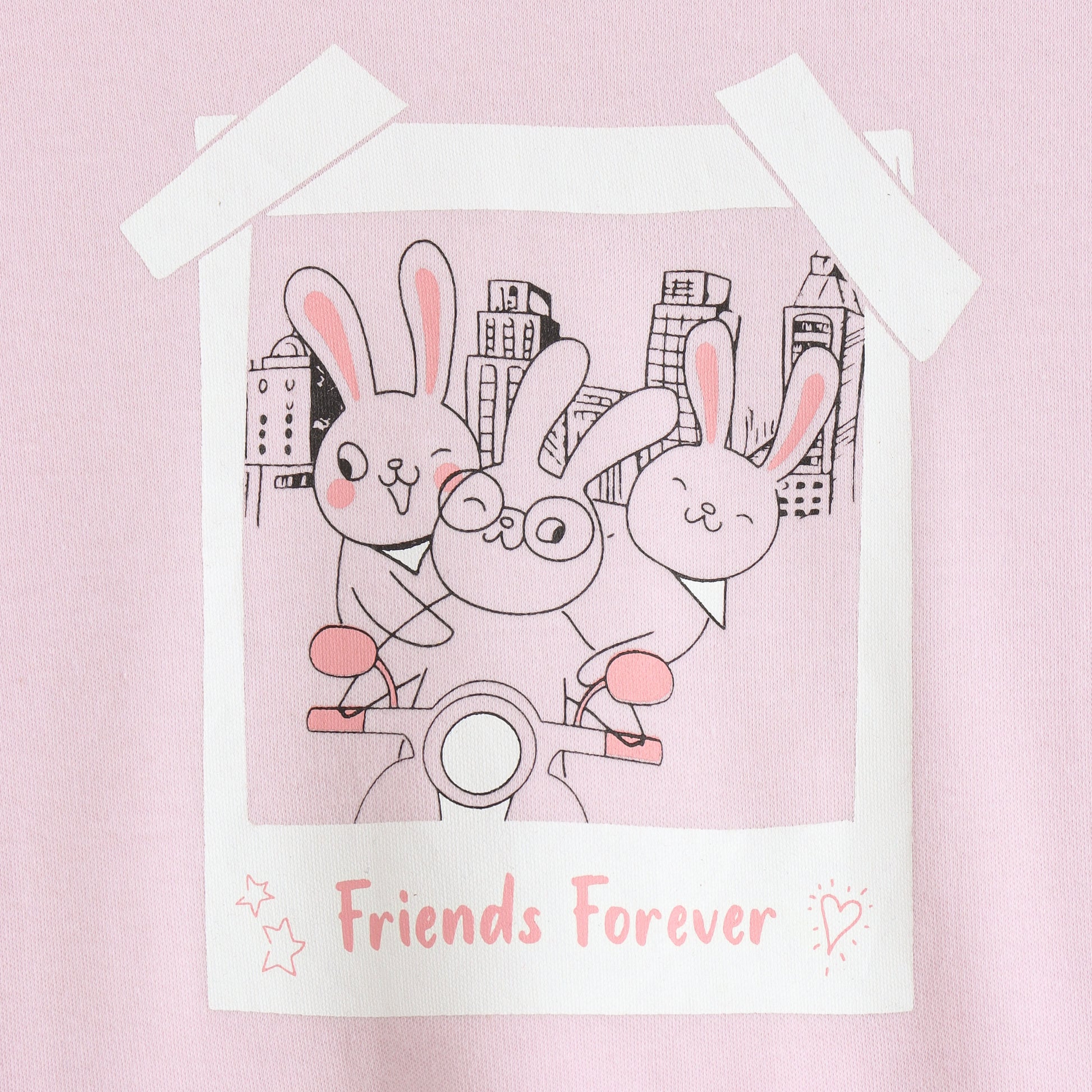 Girls Pink Friends Forever Bunny Graphic Printed Cotton T-Shirt