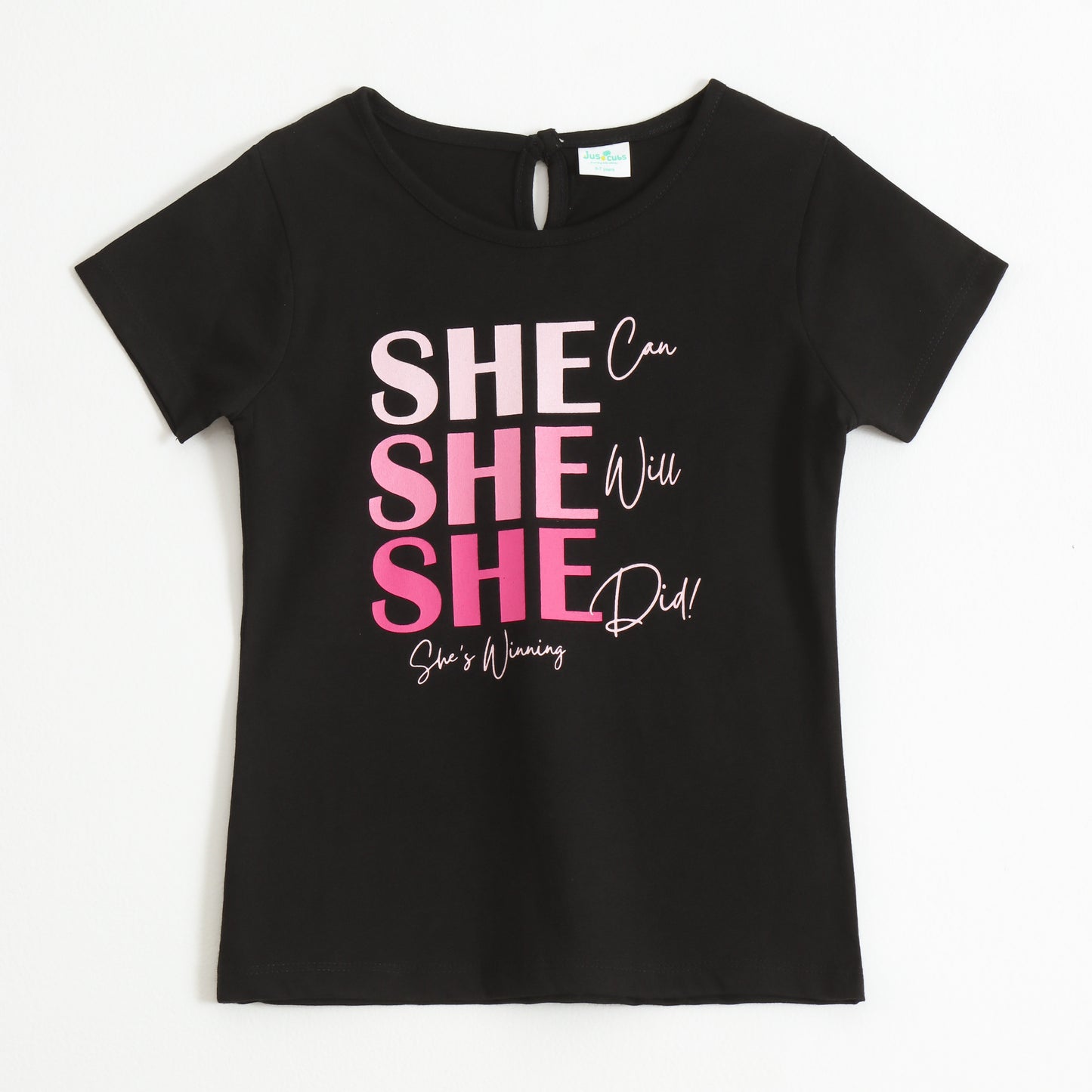 Girls Black She Can She Will Graphic Printed Cotton T-Shirt