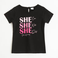 Girls Black She Can She Will Graphic Printed Cotton T-Shirt