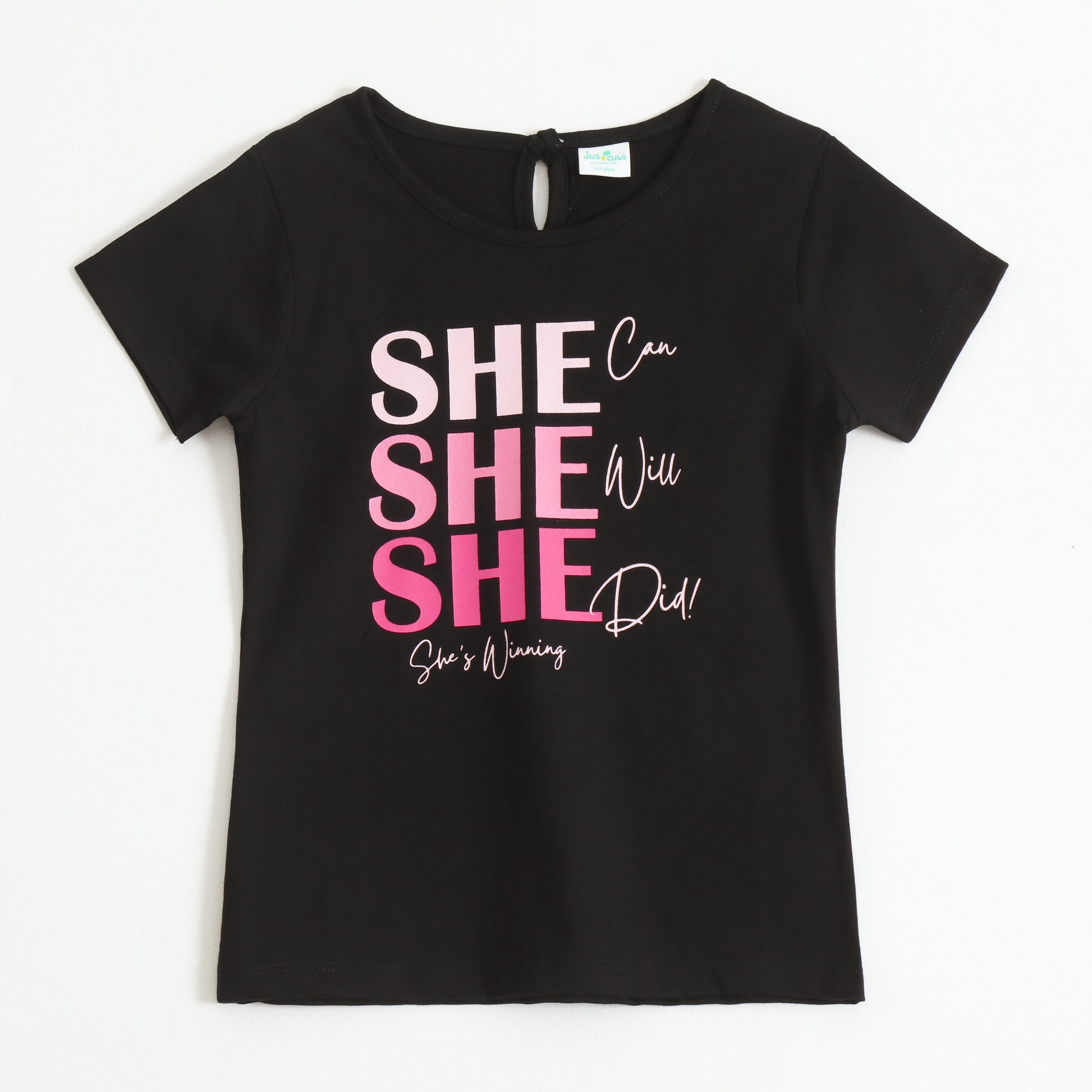 Girls Black She Can She Will Graphic Printed Cotton T-Shirt