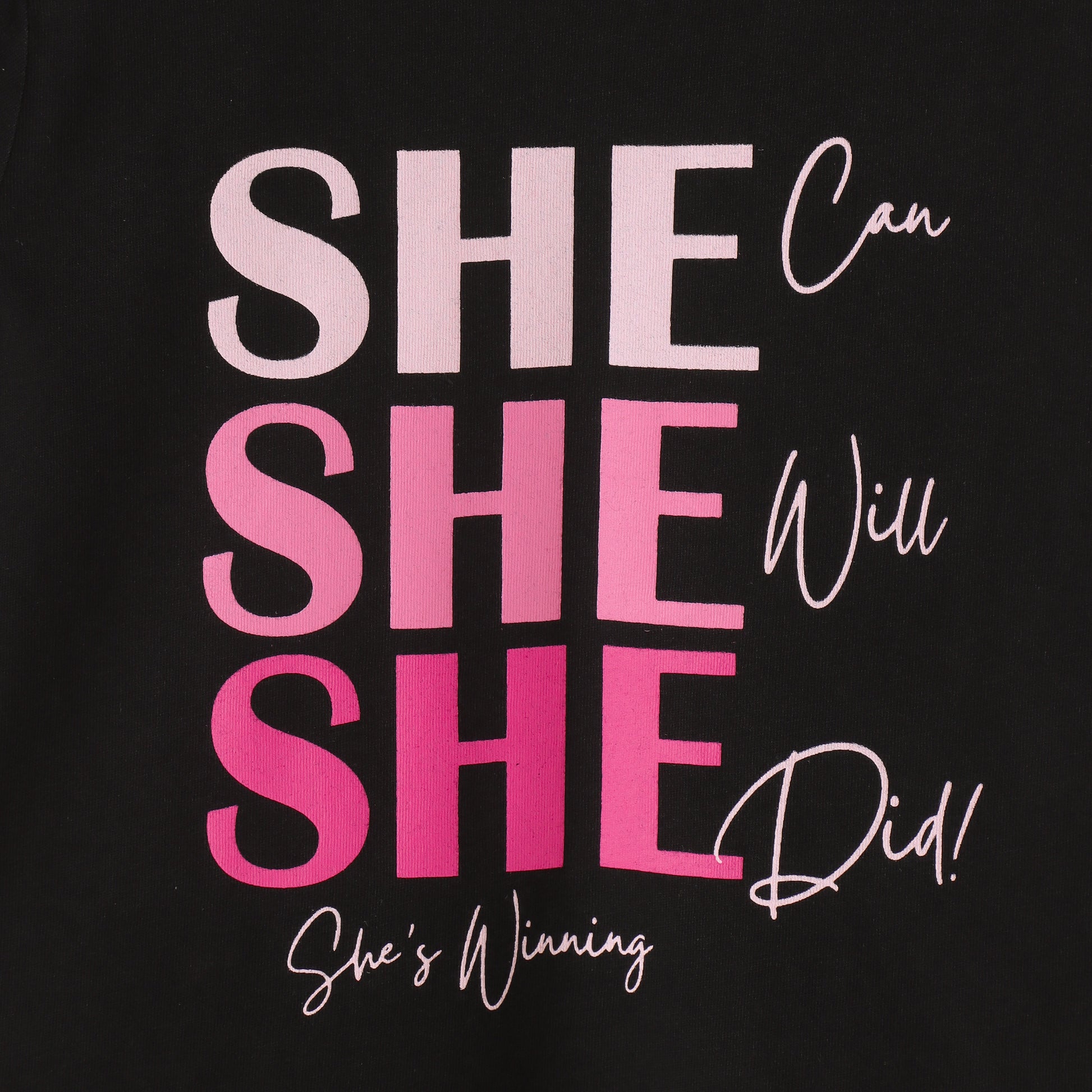 Girls Black She Can She Will Graphic Printed Cotton T-Shirt