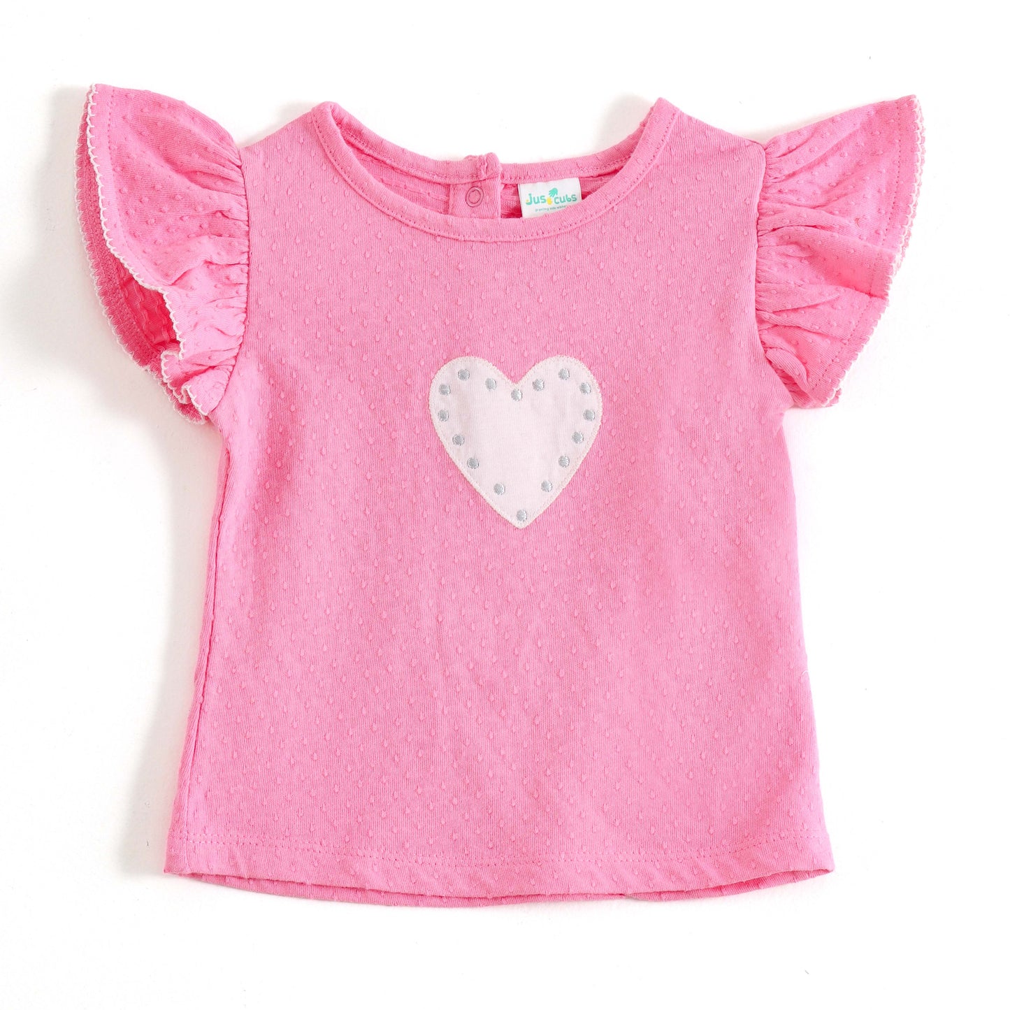 JusCubs Baby Girls Pink Textured Flutter Sleeve T-Shirt with Heart Applique