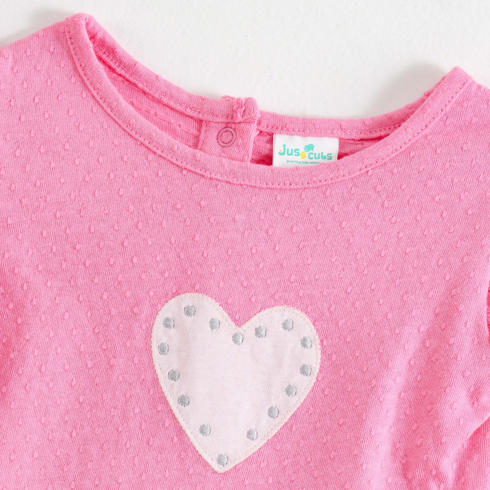 JusCubs Baby Girls Pink Textured Flutter Sleeve T-Shirt with Heart Applique