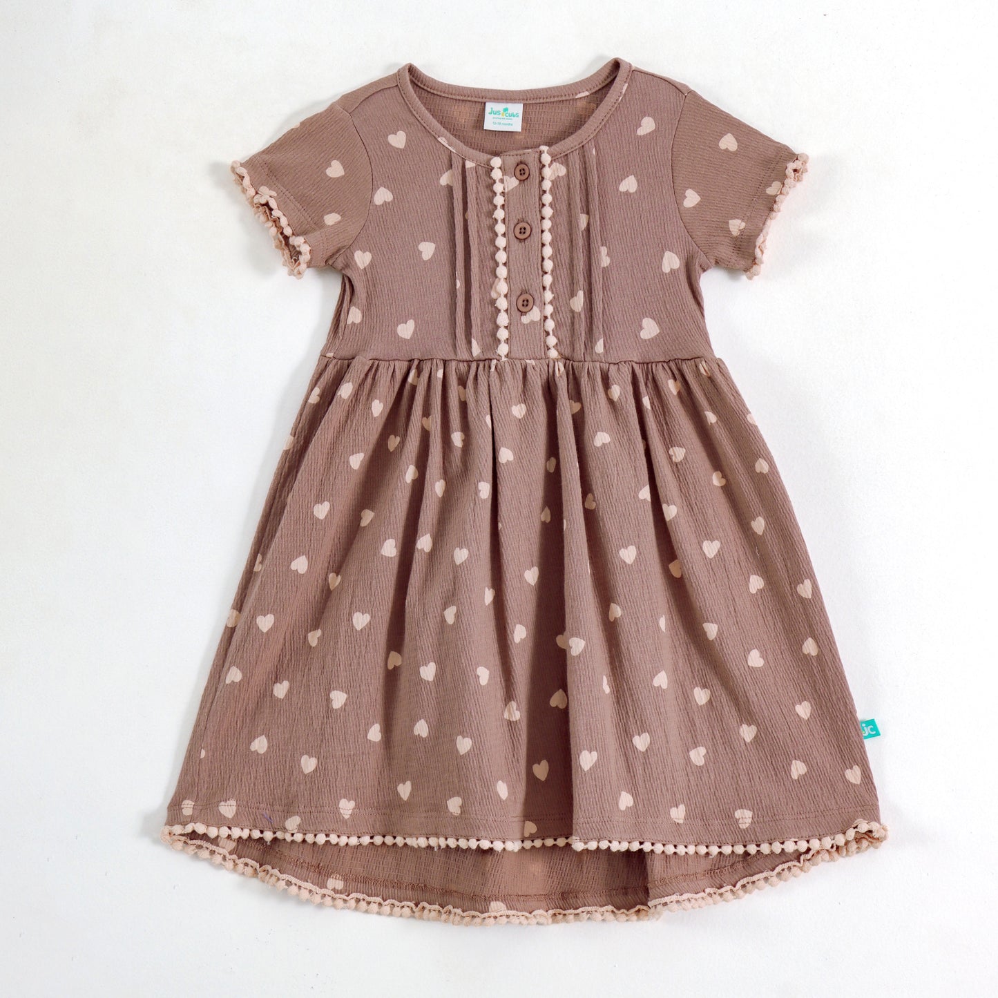 Girls Brown Heart Print Dress with Pom-Pom Lace Detail