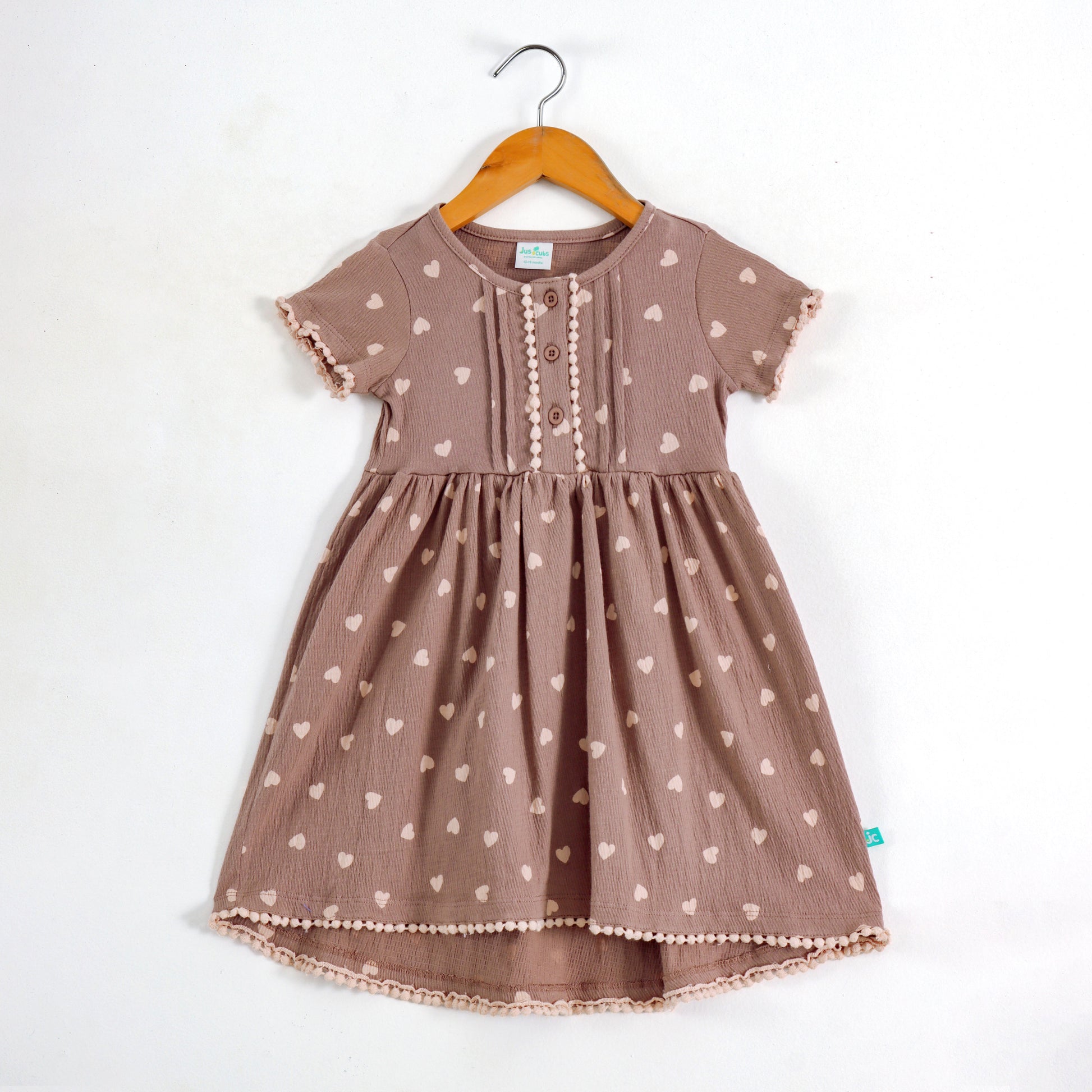 Girls Brown Heart Print Dress with Pom-Pom Lace Detail