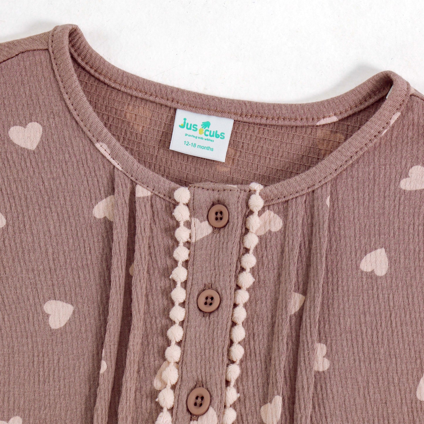 Girls Brown Heart Print Dress with Pom-Pom Lace Detail