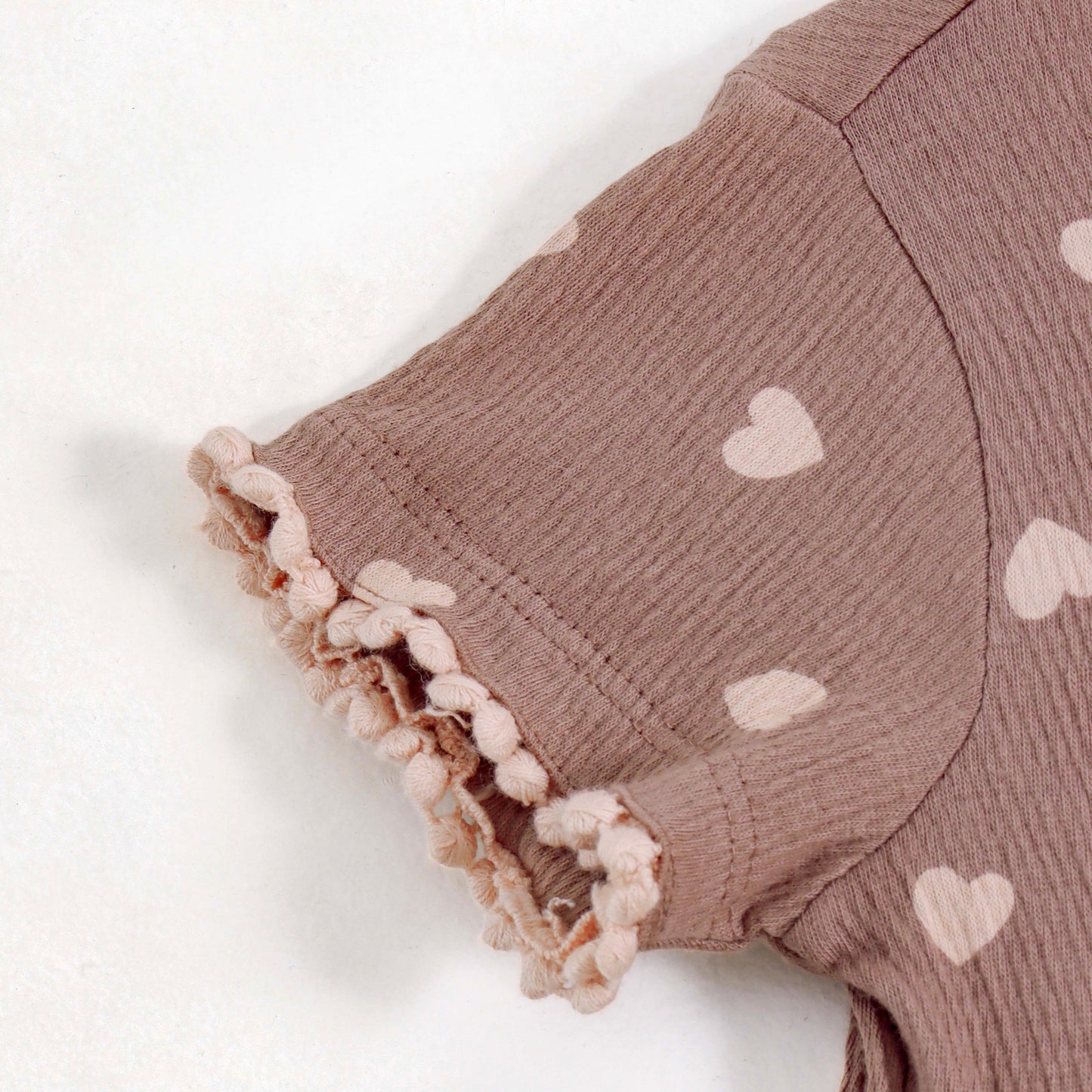 Girls Brown Heart Print Dress with Pom-Pom Lace Detail