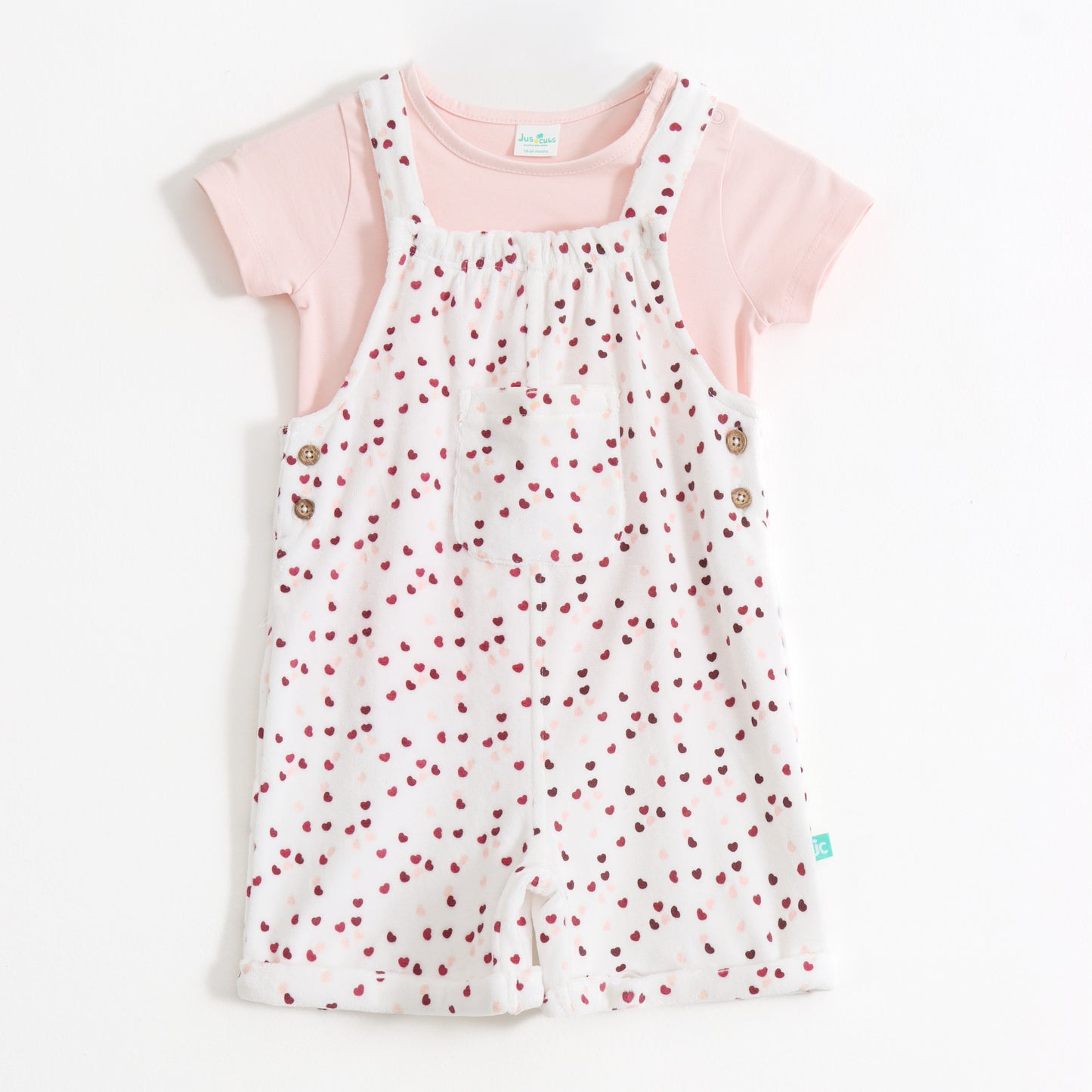 Baby Girls Heart Printed Cotton Dungaree with Half Sleeve T-Shirt Set