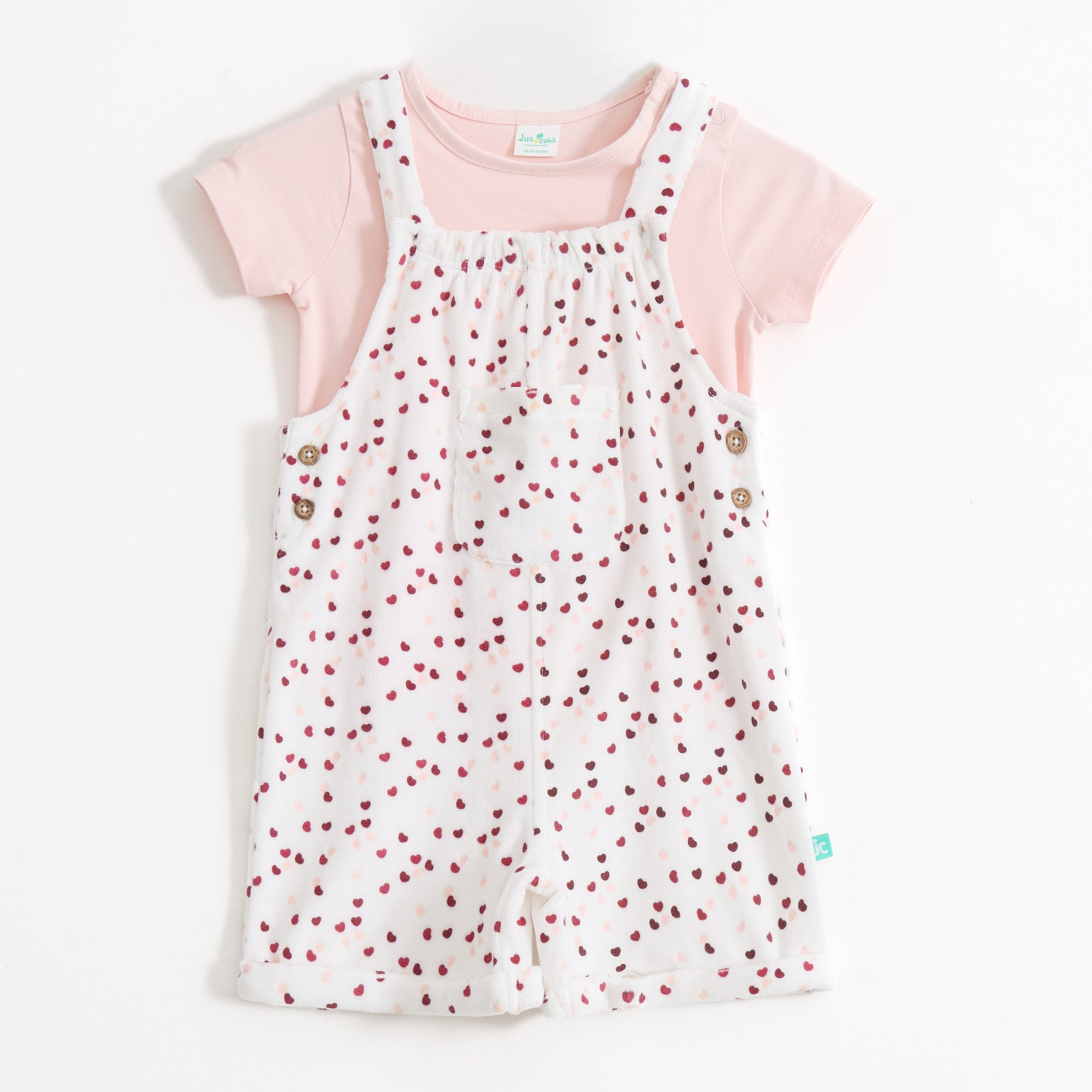 Baby Girls Heart Printed Cotton Dungaree with Half Sleeve T-Shirt Set